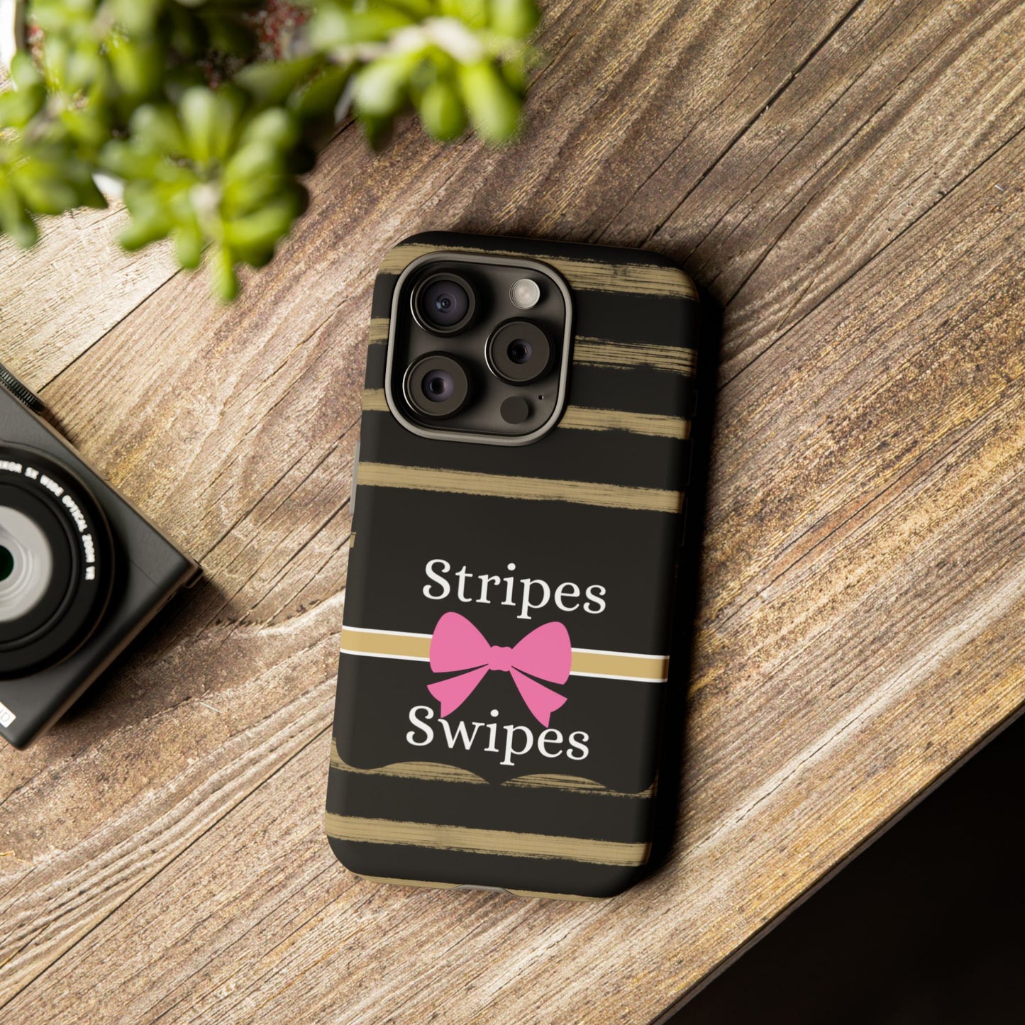 Phone Case iPhone 16/15/14 - Black/Beige Stripes & Swipes Tough Case