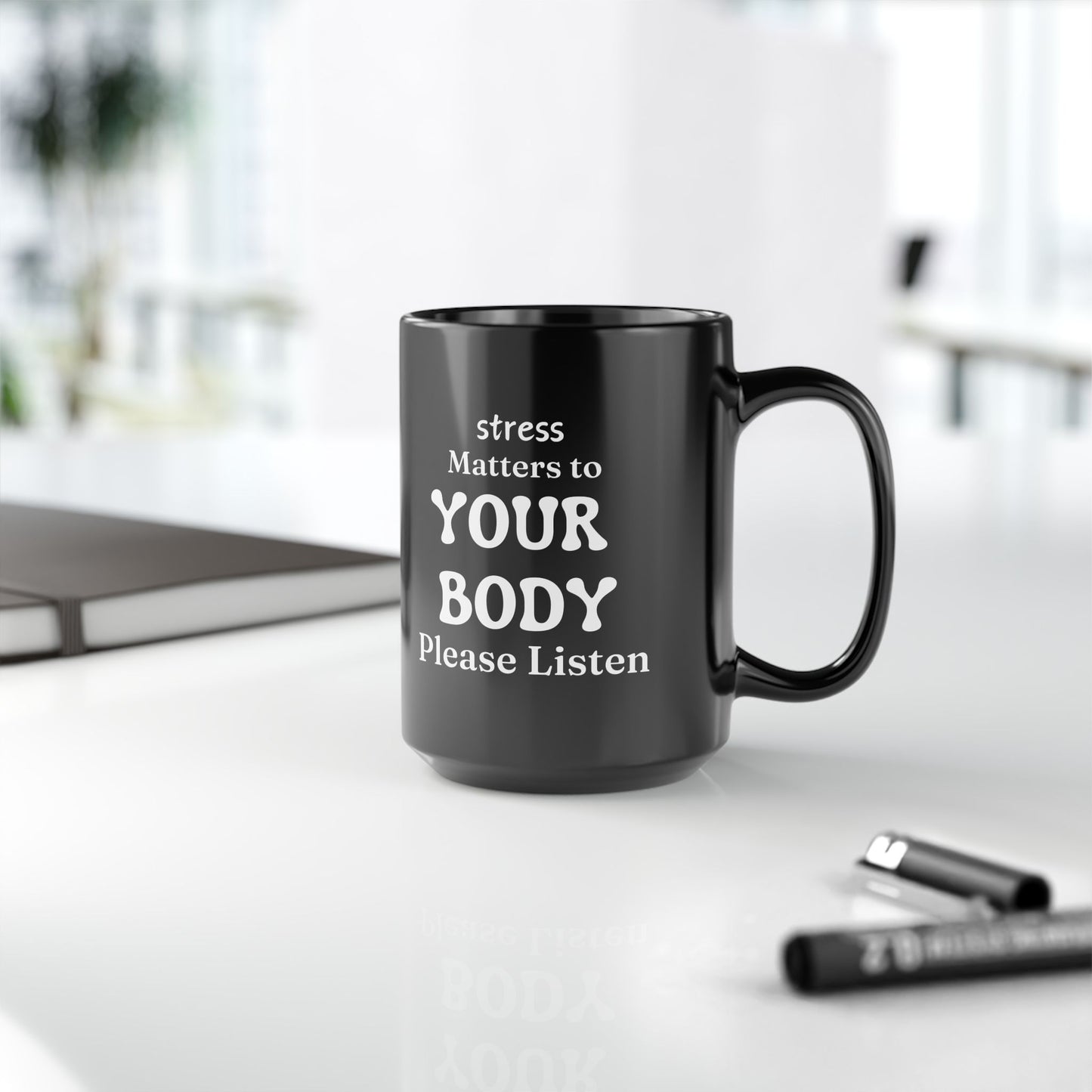 Stress Awareness Black Mug - Motivational Coffee Cup for Mindfulness, Self-Care Gift, Relaxation Daily Reminder, 15oz