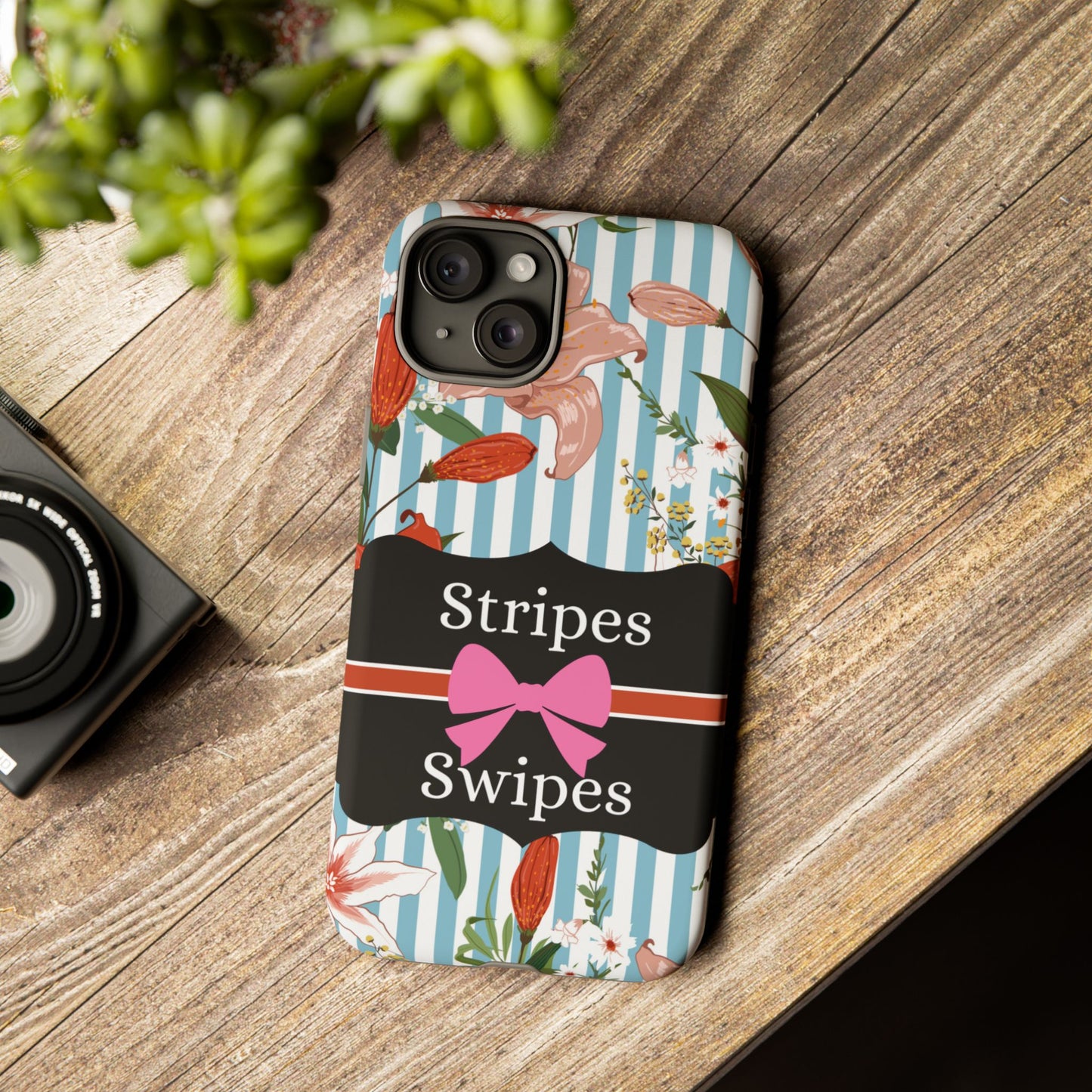 Phone Case iPhone 16/15/14 - Blue/White Flowers Stripes & Swipes Tough Case