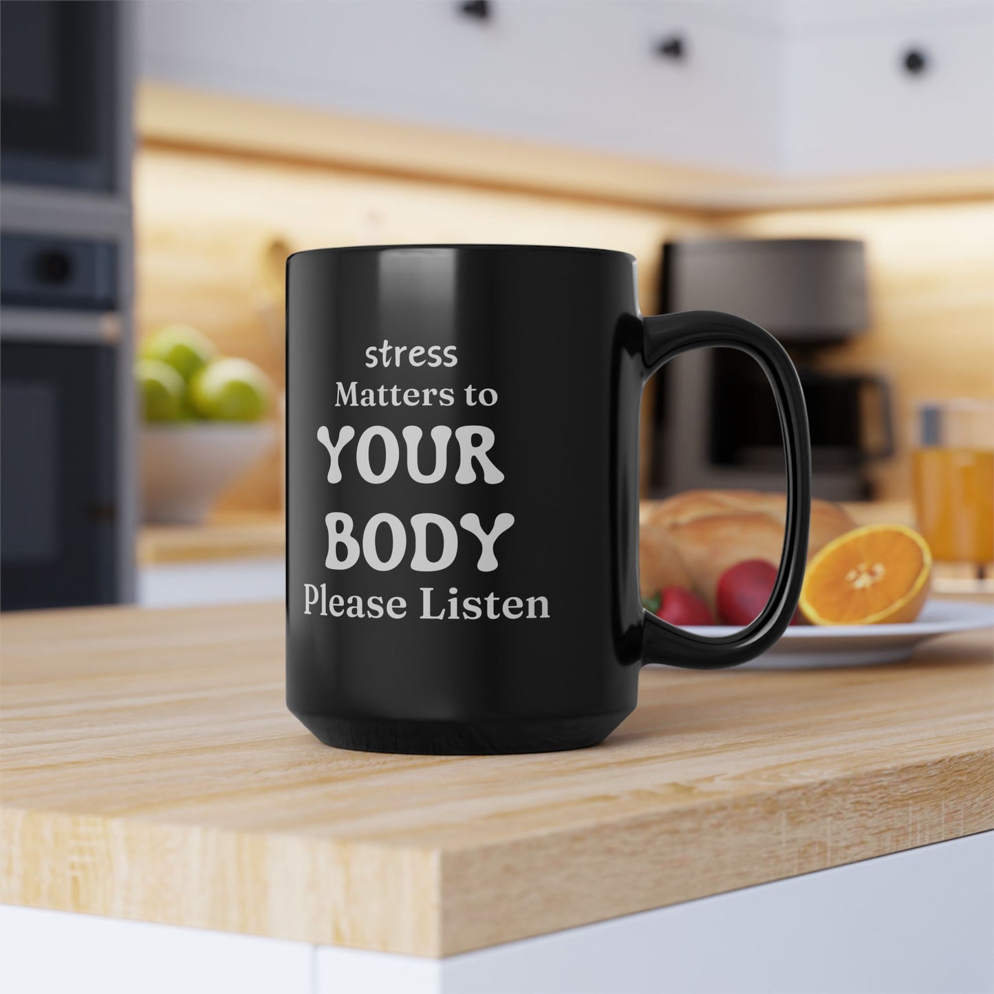 Stress Awareness Black Mug - Motivational Coffee Cup for Mindfulness, Self-Care Gift, Relaxation Daily Reminder, 15oz