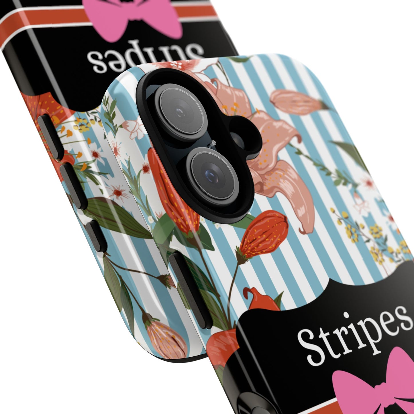 Phone Case iPhone 16/15/14 - Blue/White Flowers Stripes & Swipes Tough Case