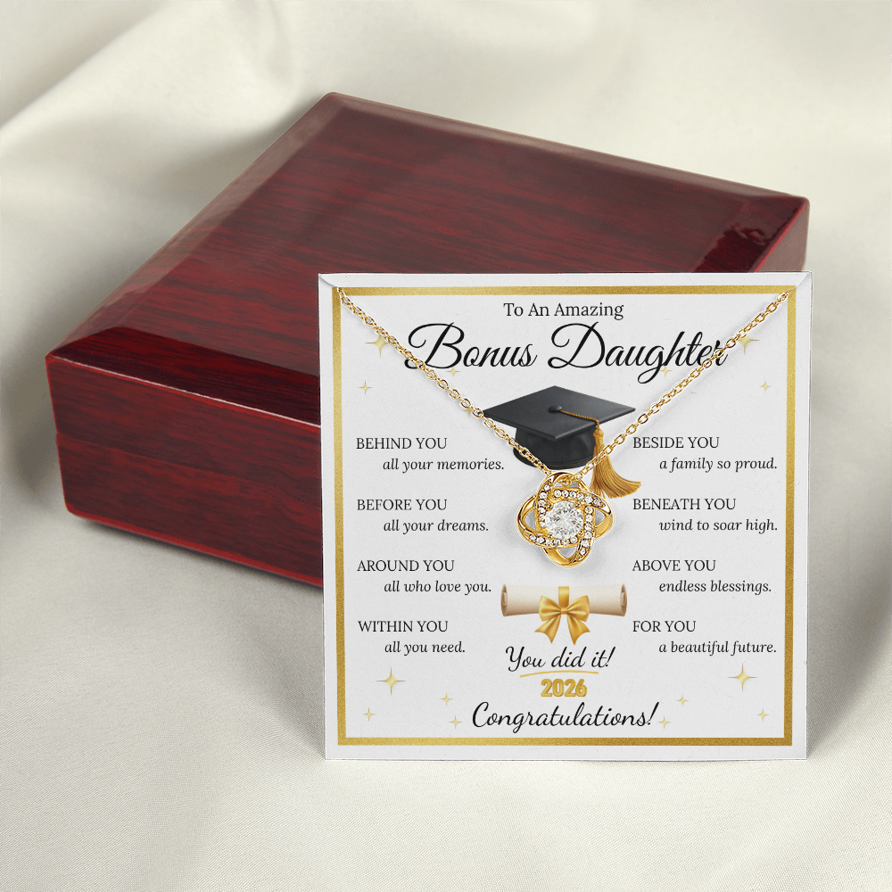 Graduation Gift for Bonus Daughter – Love Knot Necklace with Inspirational Message Card | Class of 2026