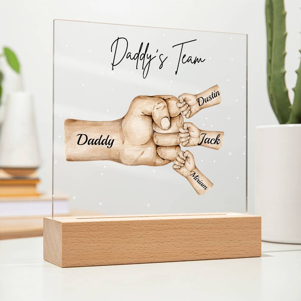 Personalized Daddy's Team Square Acrylic Plaque with Wooden Base or LED Light