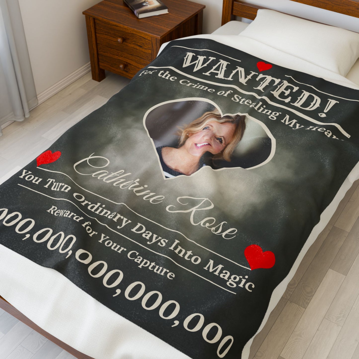 Personalized “WANTED” Love Soft Velveteen or Sherpa Blanket – Custom Photo, Name & Why Reward Poster