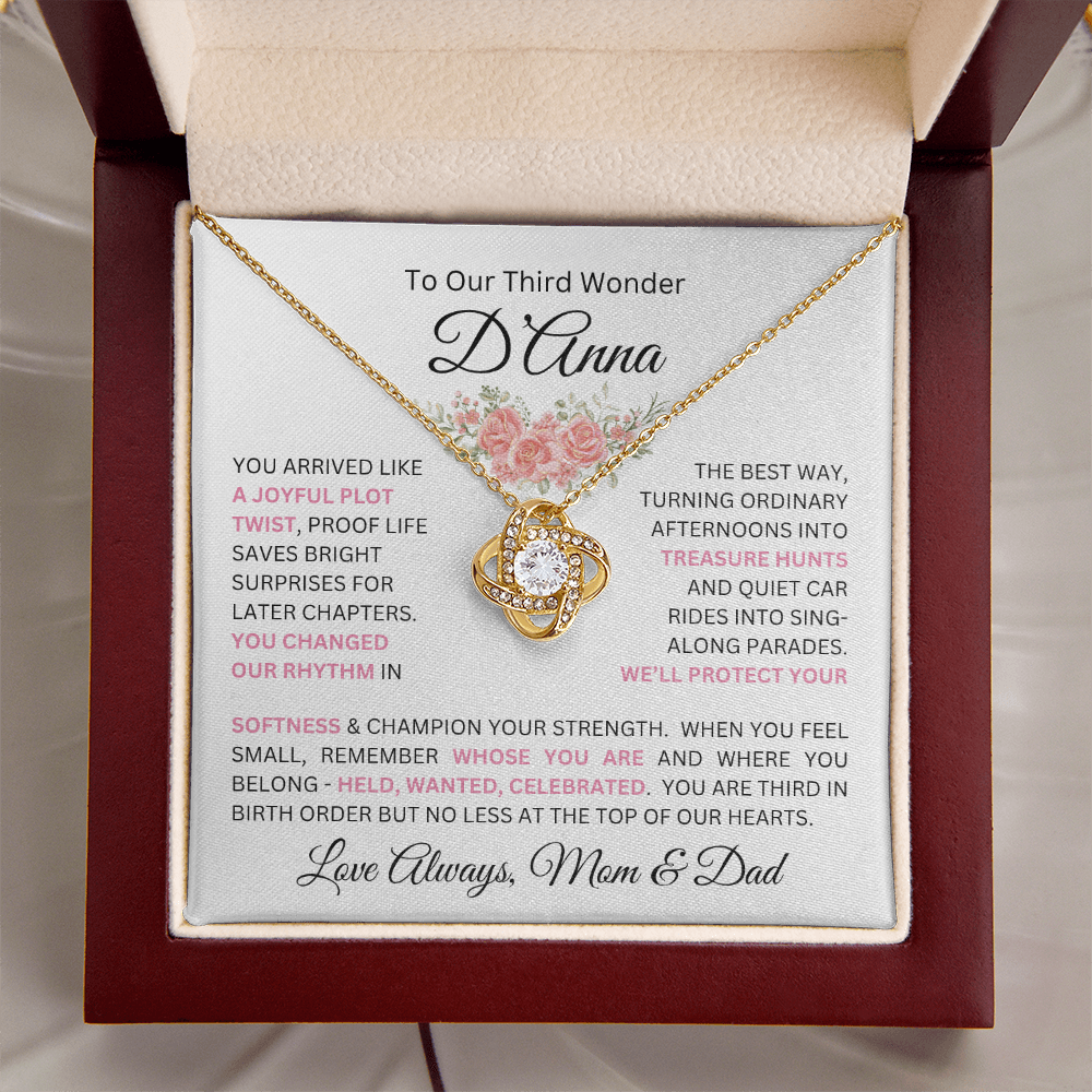 To Our Daughter(s) — Beautiful Love Knot Necklace & PERSONALIZED Heartwarming Message from Mom & Dad (Only, First-Born, Second, Third, Fourth, Fifth, or Twins)