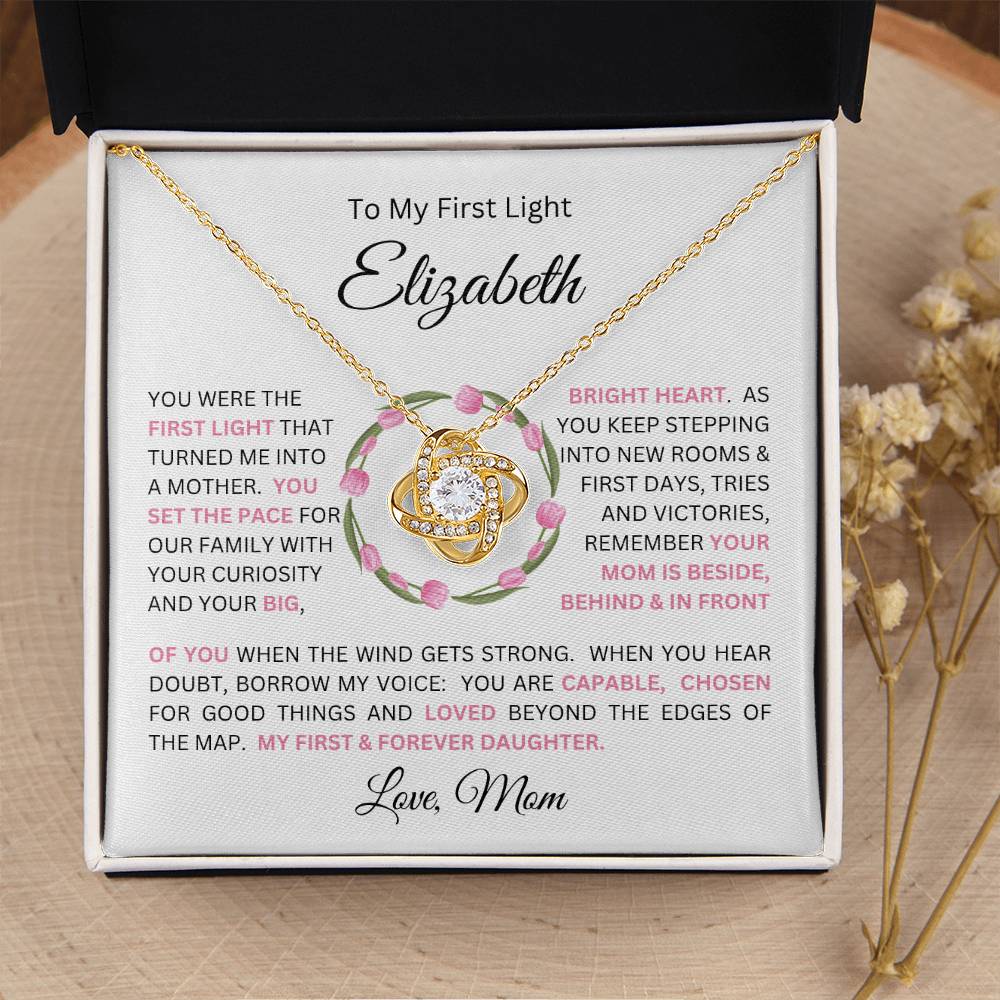 To My Daughter(s) — Beautiful Love Knot Necklace & PERSONALIZED Heartwarming Message from Mom (Only, First-Born, Second, Third, Fourth, Fifth, or Twins)