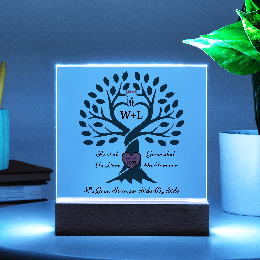 Personalized Love Birds “Rooted in Love” Tree Couple Night Light – Custom Initials & Year on Wood-Base Acrylic Lamp