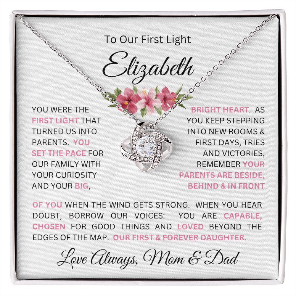 To Our Daughter(s) — Beautiful Love Knot Necklace & PERSONALIZED Heartwarming Message from Mom & Dad (Only, First-Born, Second, Third, Fourth, Fifth, or Twins)