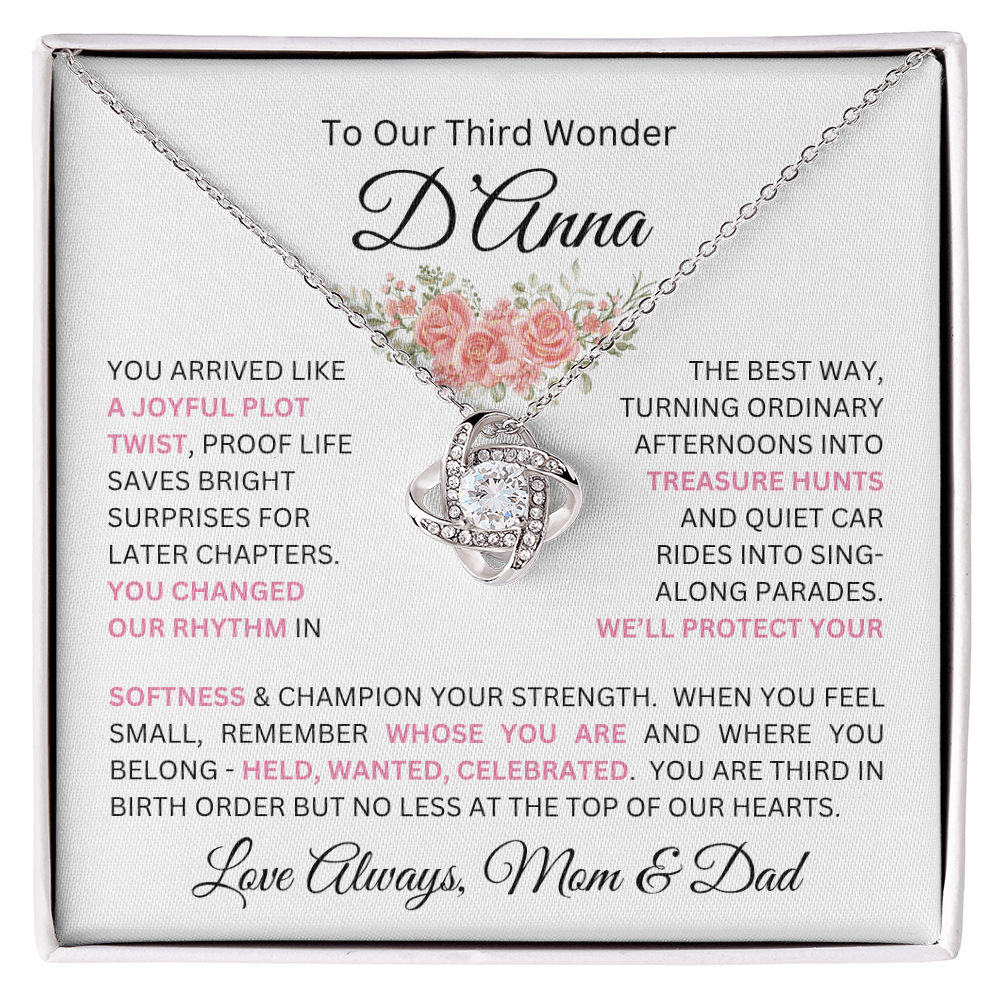 To Our Daughter(s) — Beautiful Love Knot Necklace & PERSONALIZED Heartwarming Message from Mom & Dad (Only, First-Born, Second, Third, Fourth, Fifth, or Twins)
