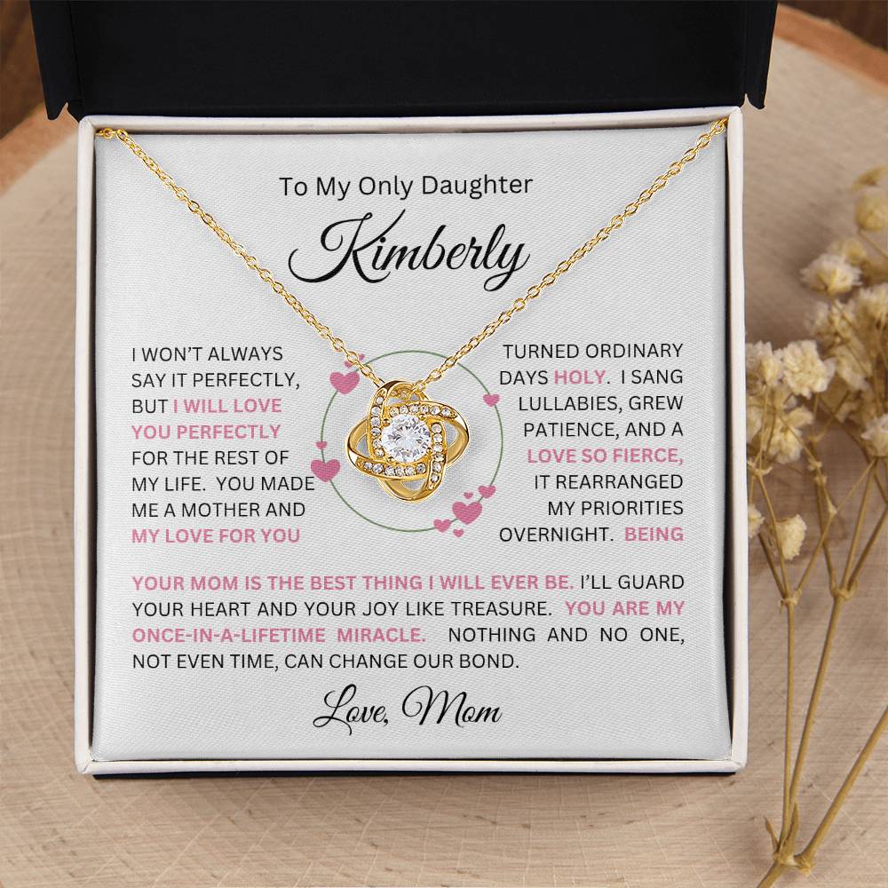 To My Daughter(s) — Beautiful Love Knot Necklace & PERSONALIZED Heartwarming Message from Mom (Only, First-Born, Second, Third, Fourth, Fifth, or Twins)