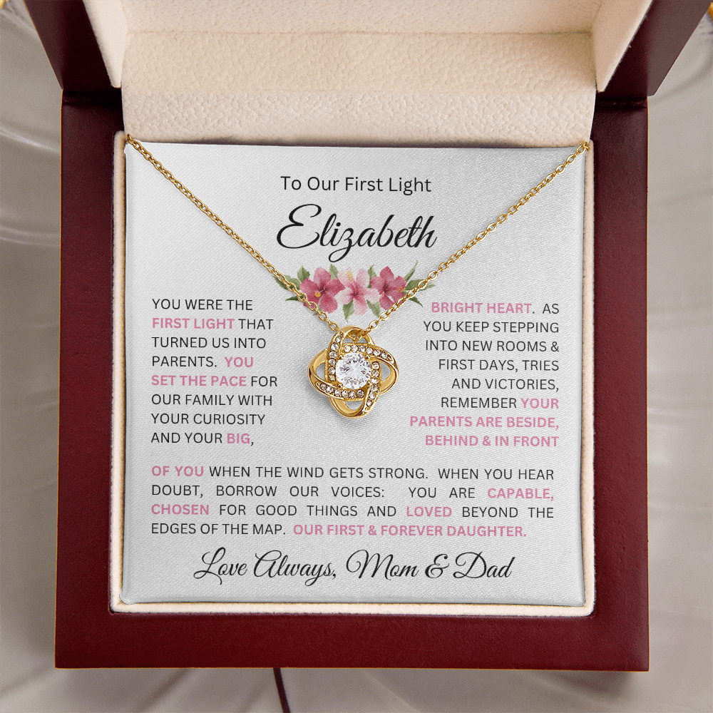 To Our Daughter(s) — Beautiful Love Knot Necklace & PERSONALIZED Heartwarming Message from Mom & Dad (Only, First-Born, Second, Third, Fourth, Fifth, or Twins)