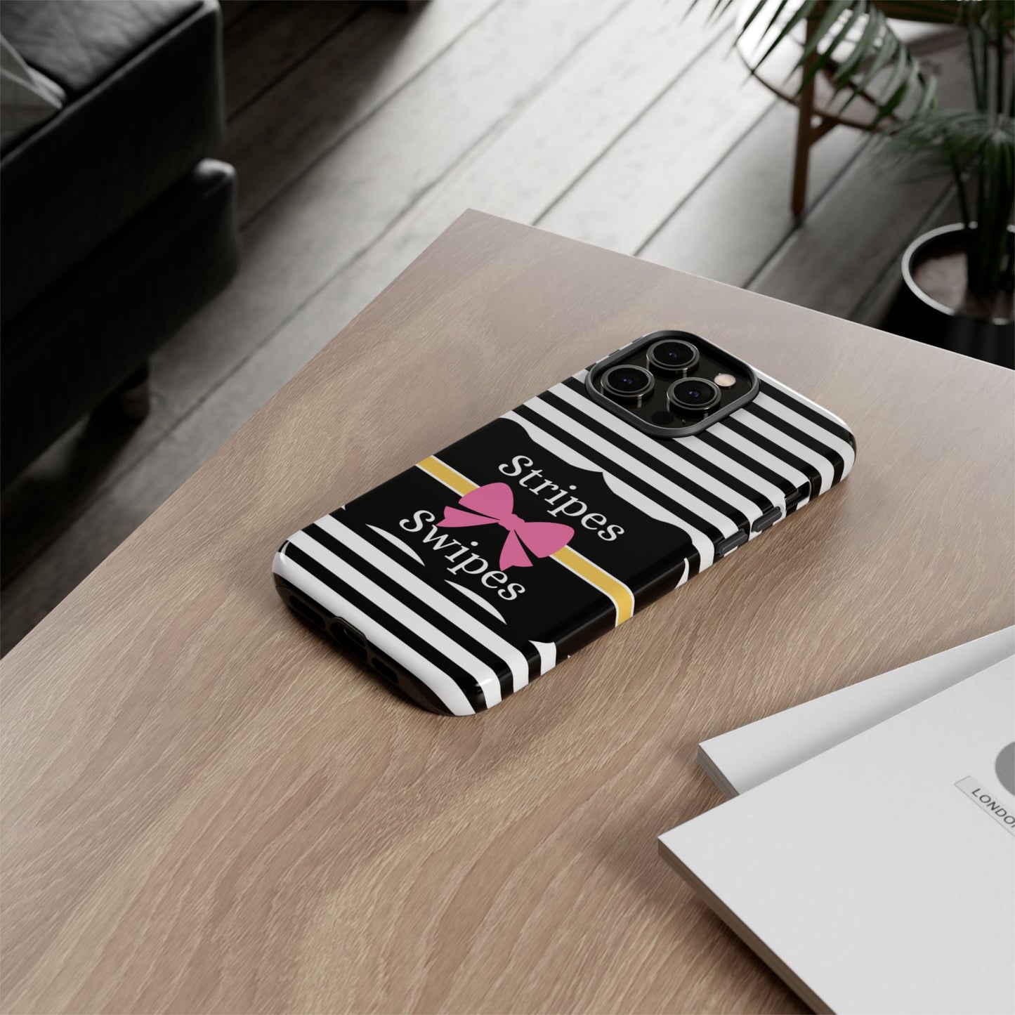 Phone Case iPhone 16/15/14 - Black/White/Yellow Stripes & Swipes Tough Case