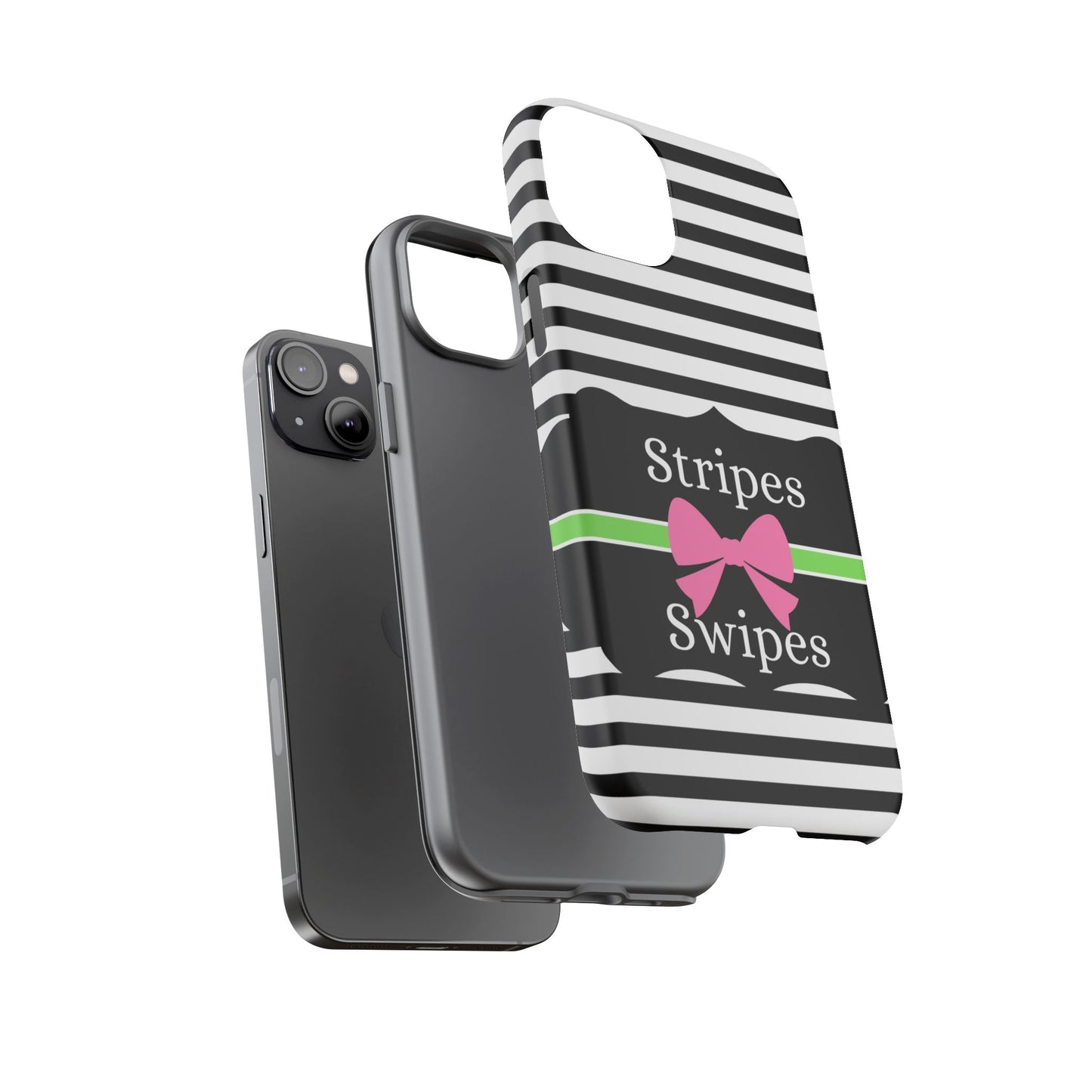 Phone Case iPhone 16/15/14 - Black/White/Green Stripes & Swipes Tough Case