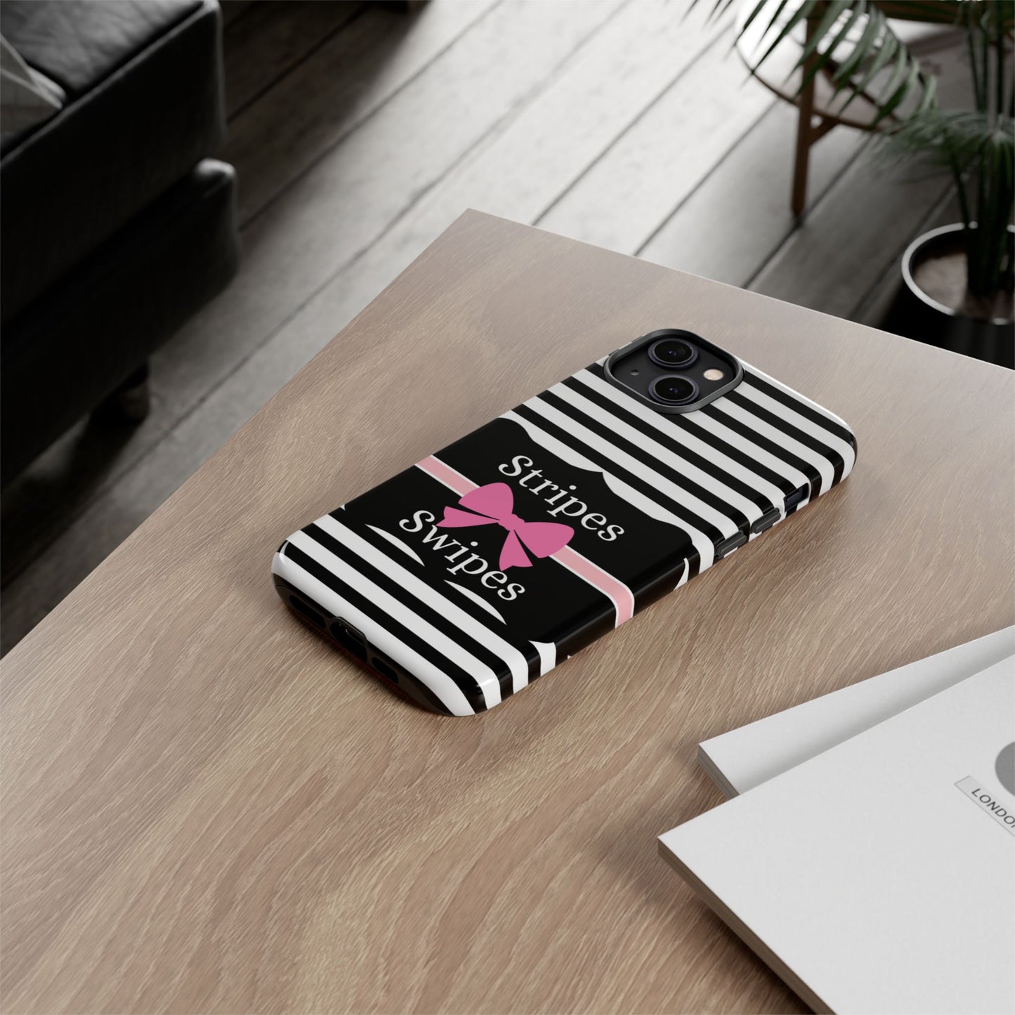 Phone Case iPhone 16/15/14 - Black/White/Pink Stripes & Swipes Tough Case