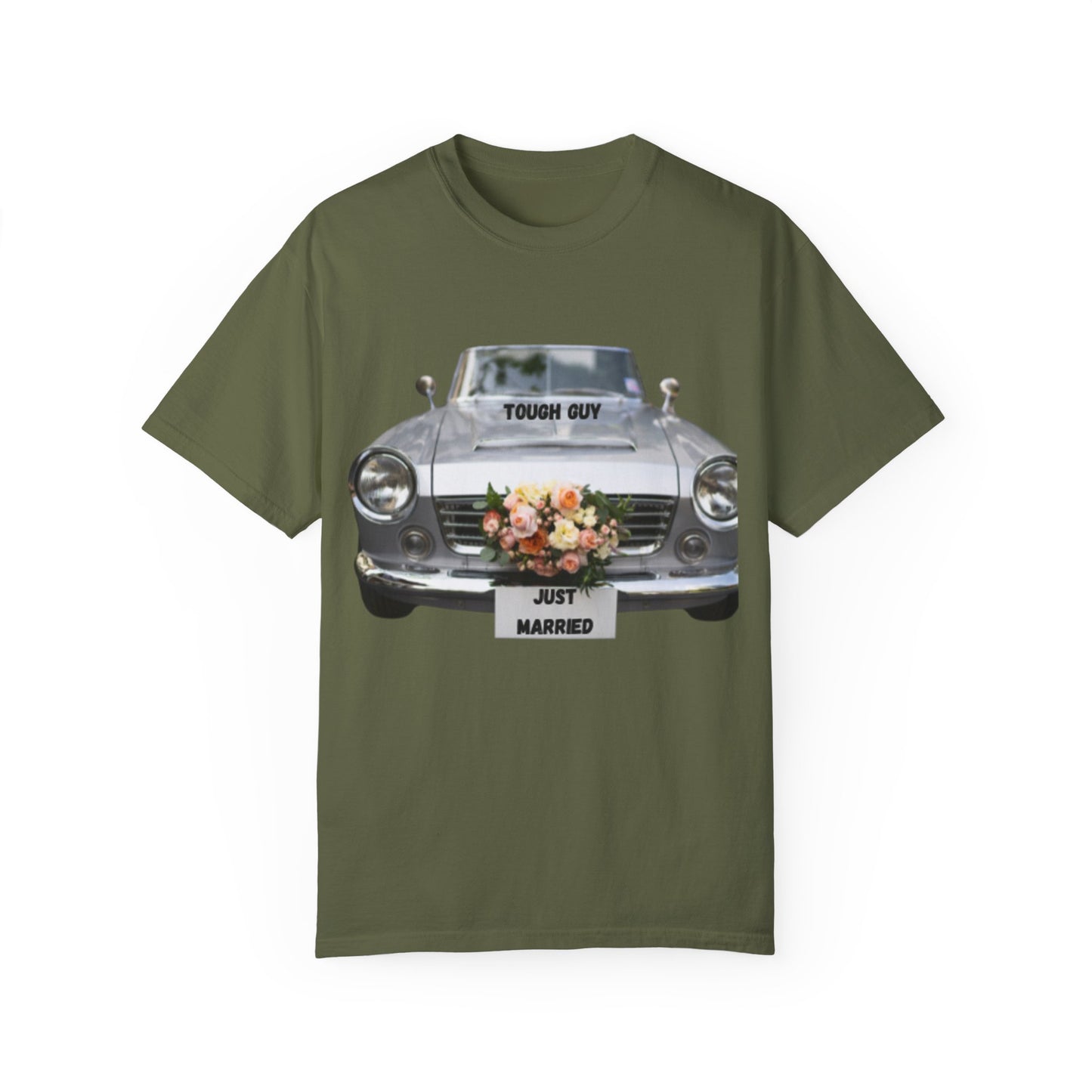 Men's T-Shirt Tough Guy Car with Just Married Flowers Design