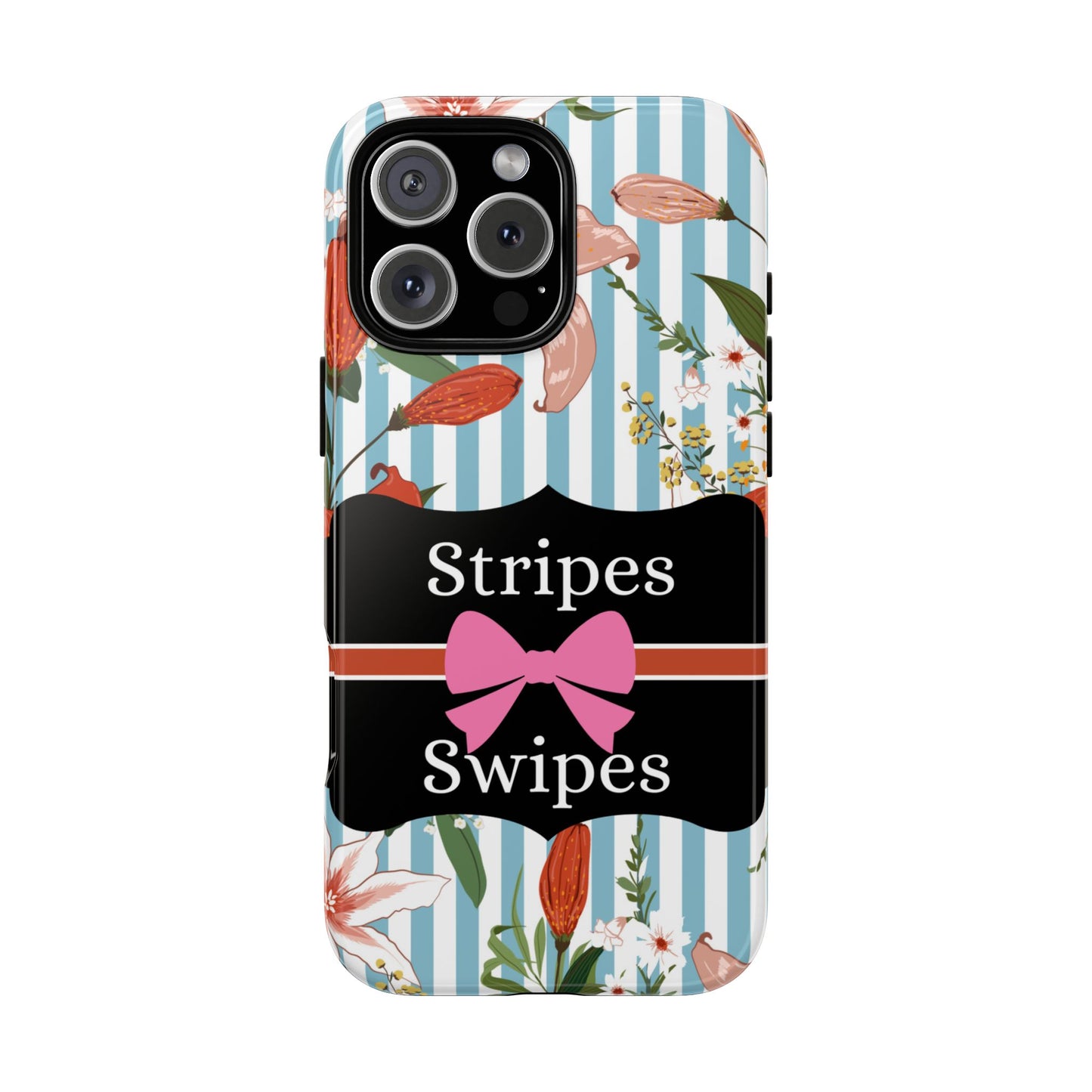 Phone Case iPhone 16/15/14 - Blue/White Flowers Stripes & Swipes Tough Case