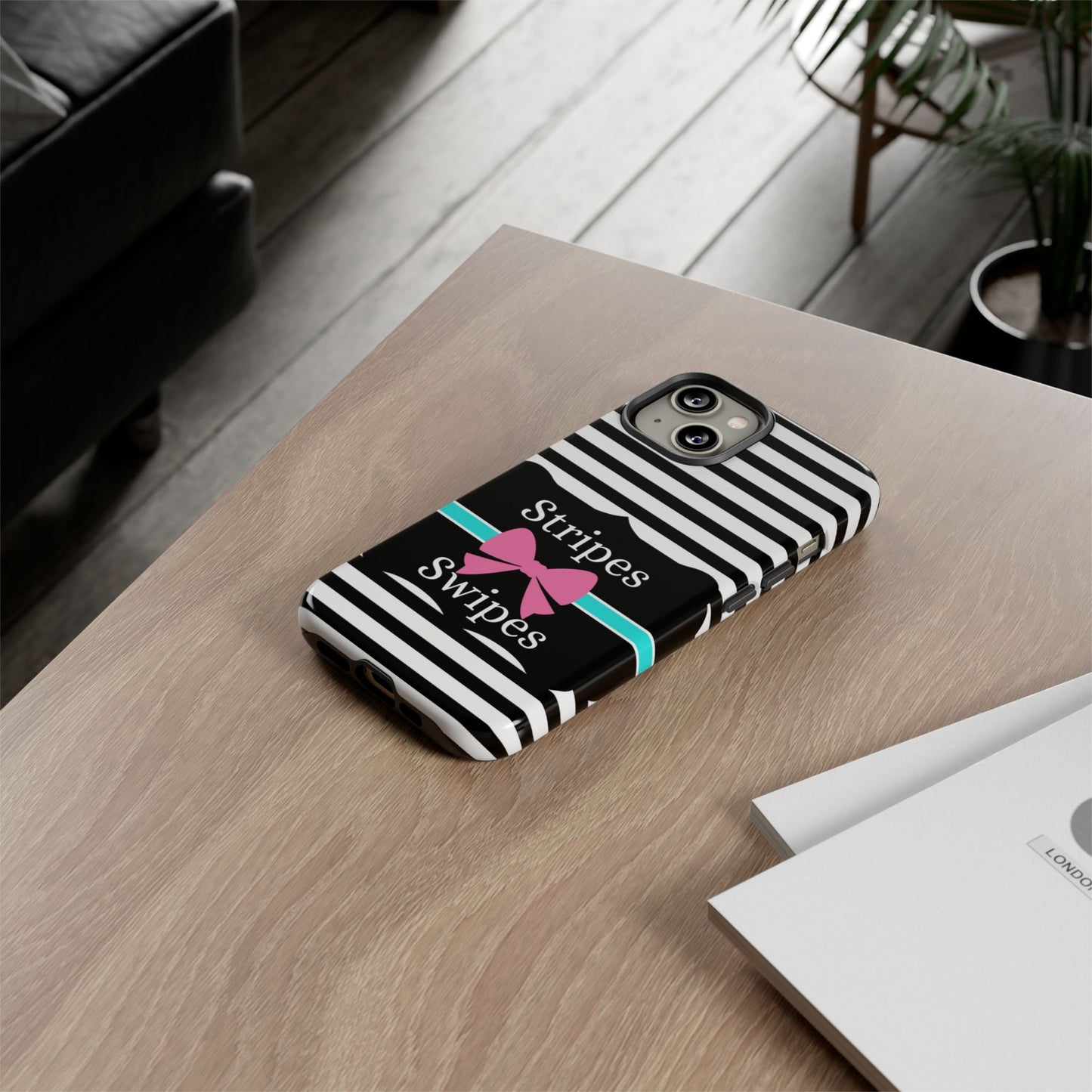 Phone Case iPhone 16/15/14 - Black/White/Blue Stripes & Swipes Tough Case