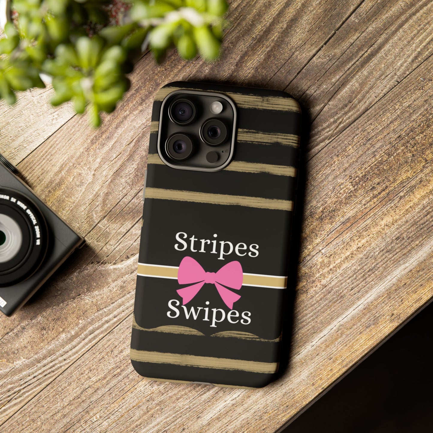 Phone Case iPhone 16/15/14 - Black/Beige Stripes & Swipes Tough Case