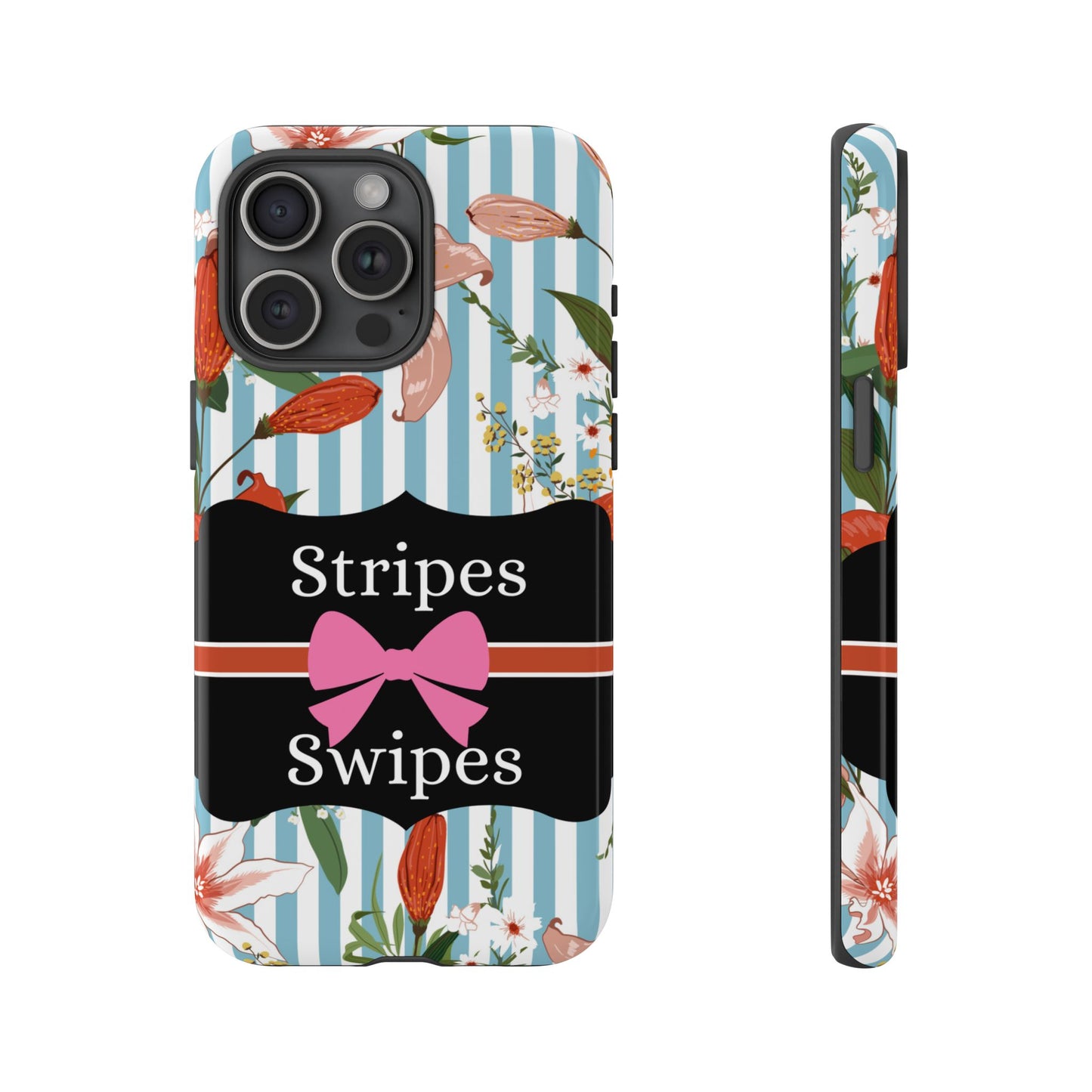 Phone Case iPhone 16/15/14 - Blue/White Flowers Stripes & Swipes Tough Case