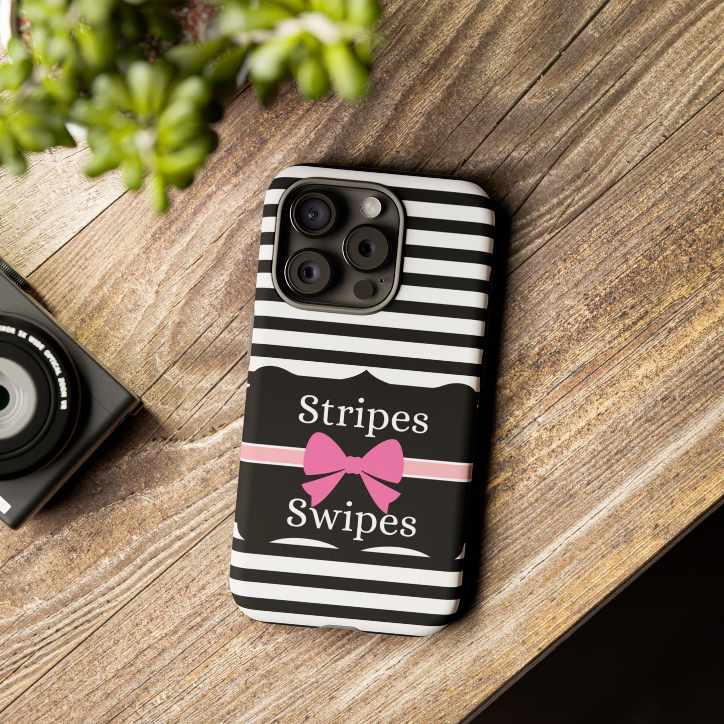 Phone Case iPhone 16/15/14 - Black/White/Pink Stripes & Swipes Tough Case