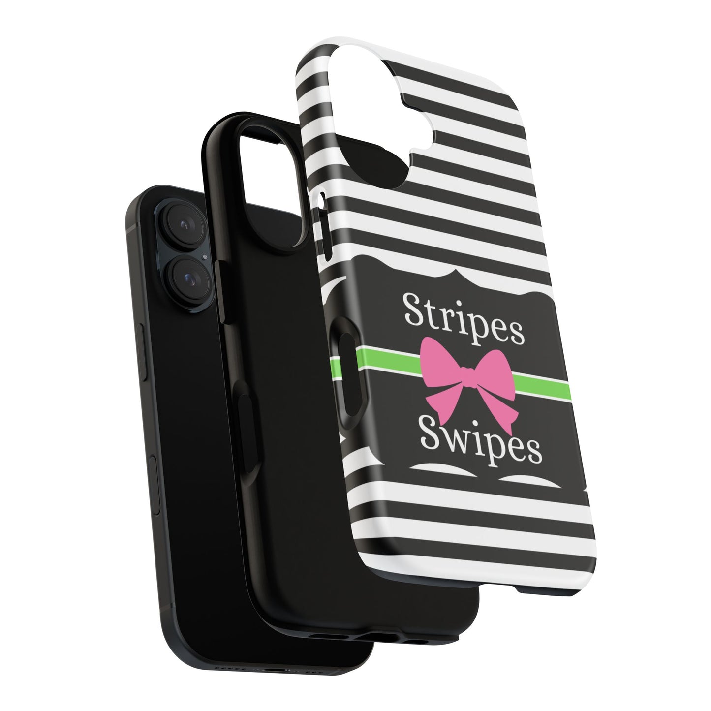 Phone Case iPhone 16/15/14 - Black/White/Green Stripes & Swipes Tough Case