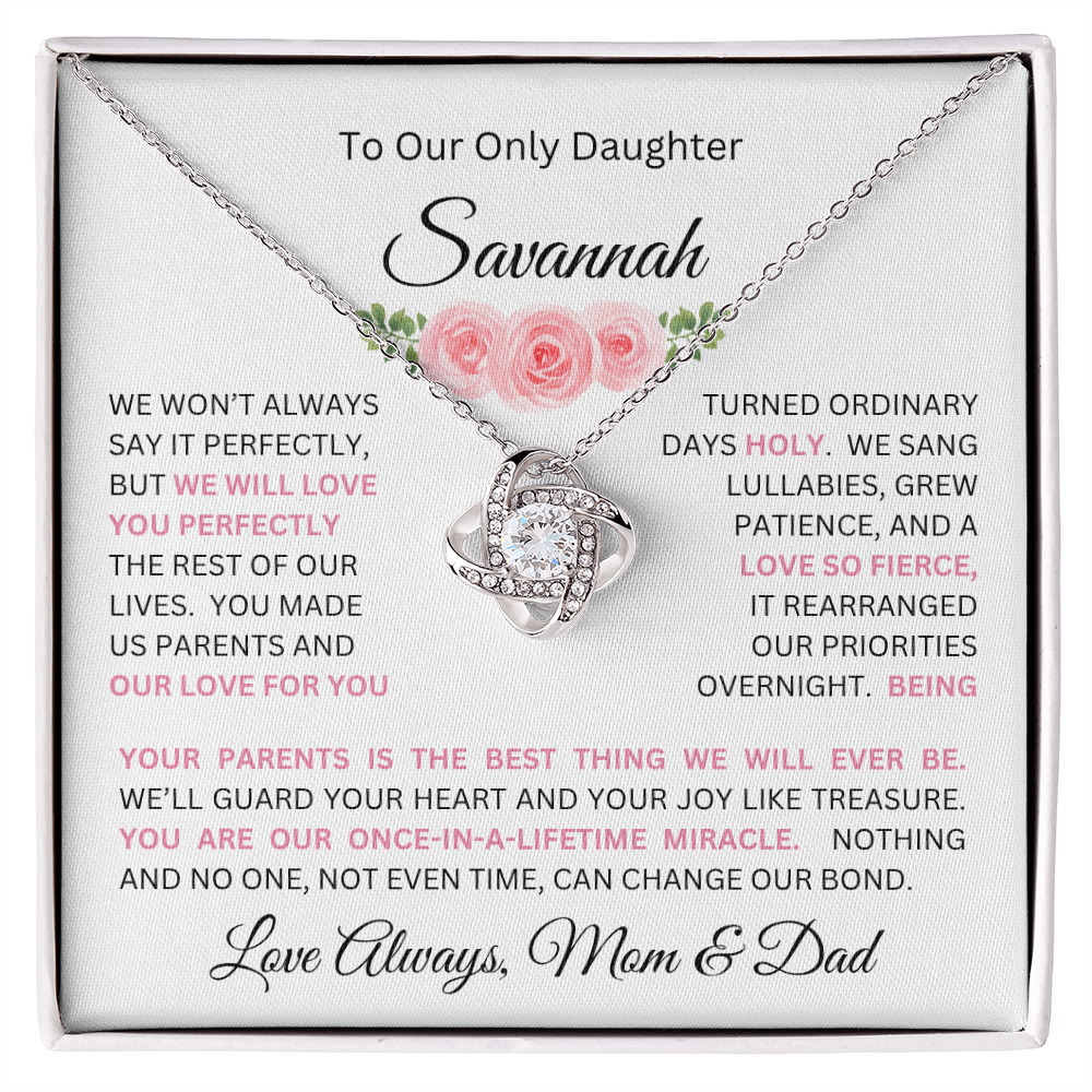 To Our Daughter(s) — Beautiful Love Knot Necklace & PERSONALIZED Heartwarming Message from Mom & Dad (Only, First-Born, Second, Third, Fourth, Fifth, or Twins)
