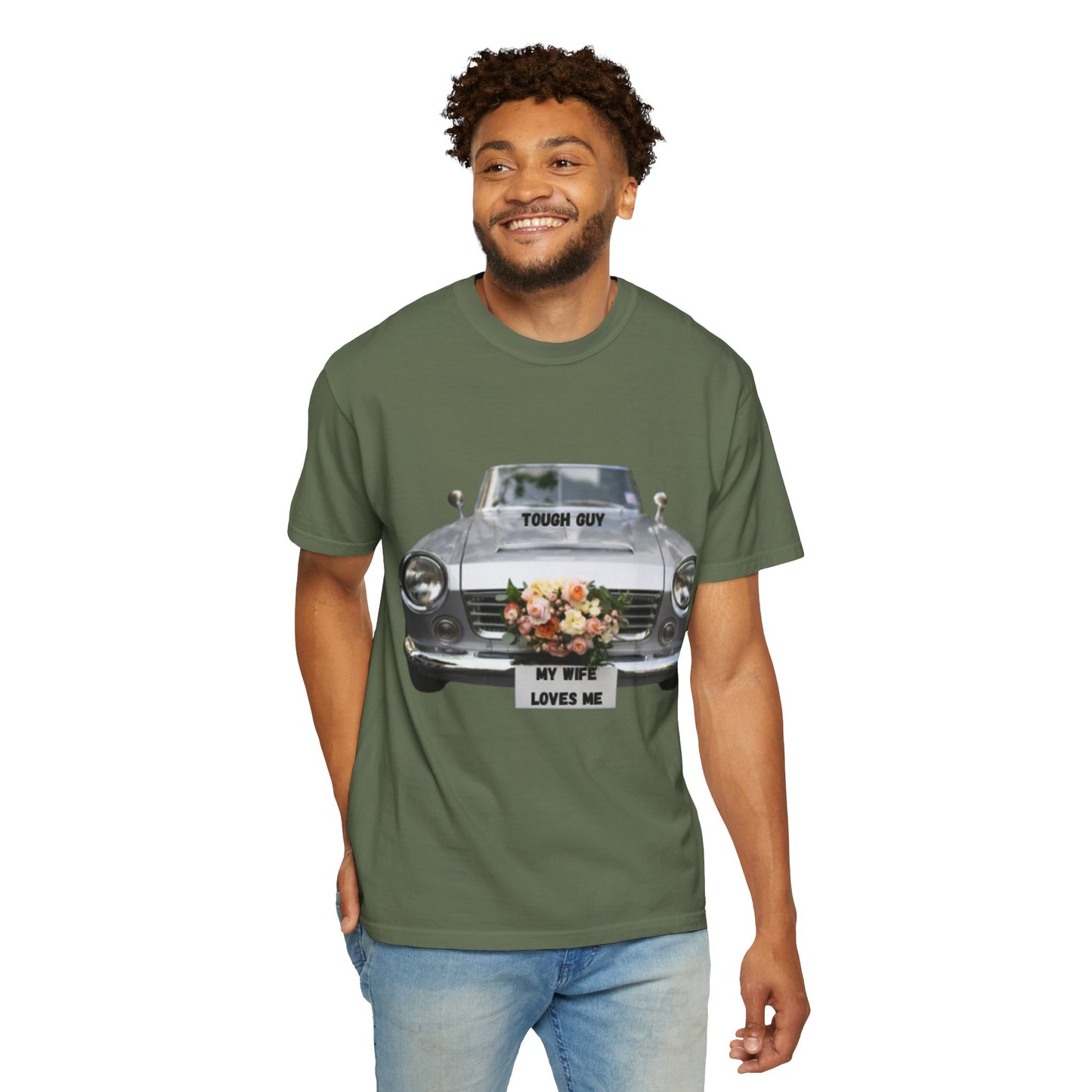 Men's T-Shirt Tough Guy Car with My Wife Loves Me Flowers Design