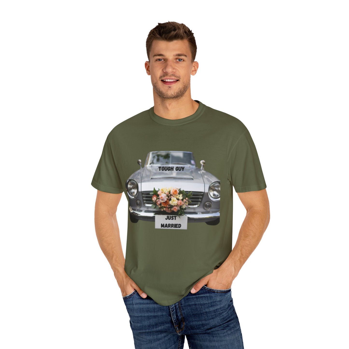 Men's T-Shirt Tough Guy Car with Just Married Flowers Design