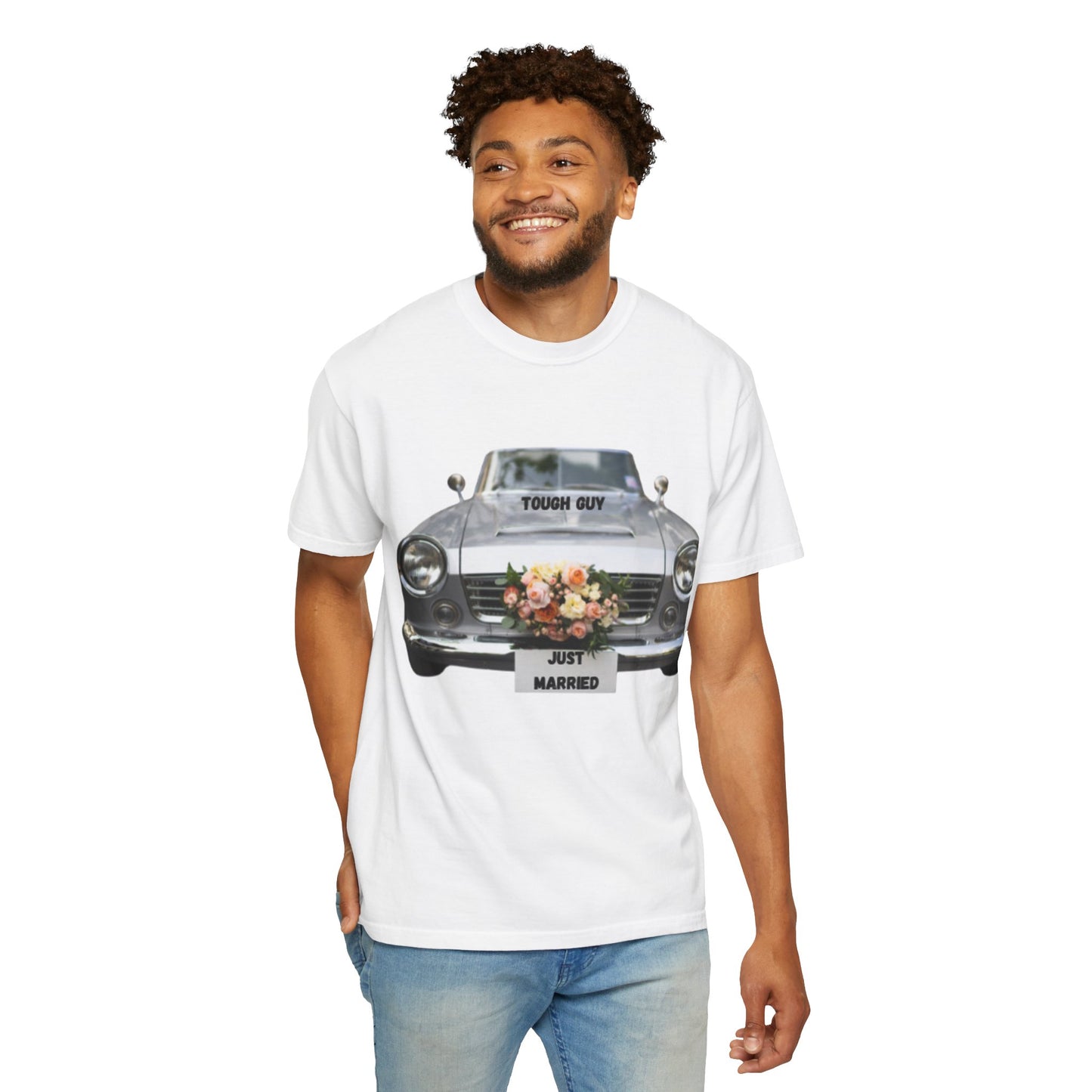 Men's T-Shirt Tough Guy Car with Just Married Flowers Design