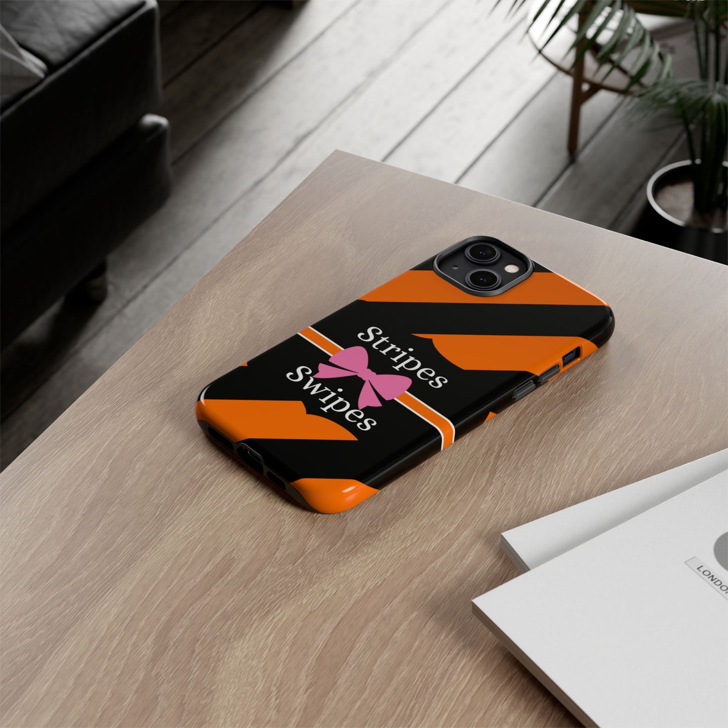 Phone Case iPhone 16/15/14 - Orange/Black Stripes & Swipes Tough Case