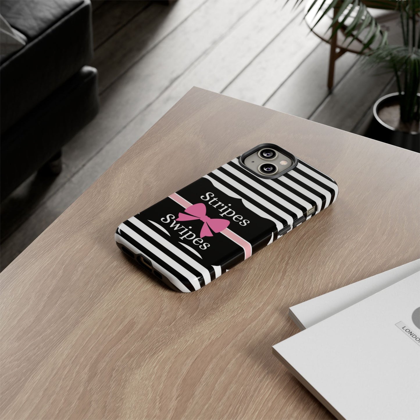 Phone Case iPhone 16/15/14 - Black/White/Pink Stripes & Swipes Tough Case