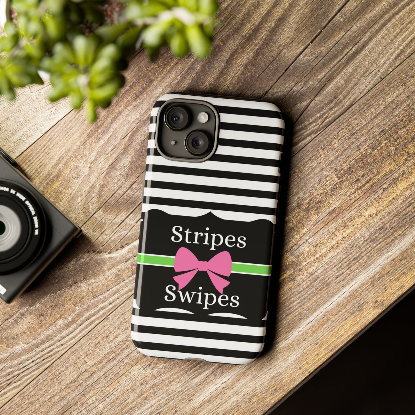 Phone Case iPhone 16/15/14 - Black/White/Green Stripes & Swipes Tough Case