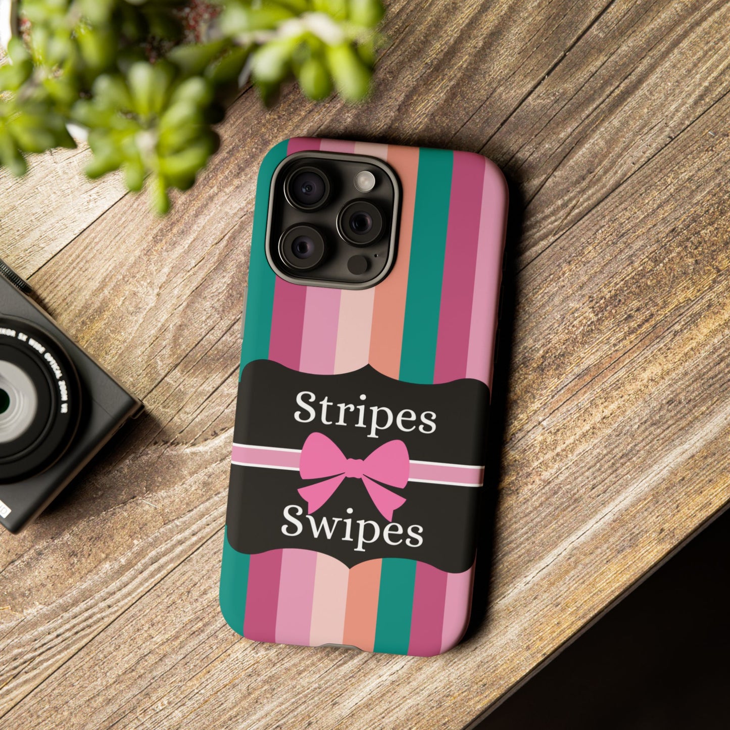 Phone Case iPhone 16/15/14 - Green/Pink/Peach Stripes & Swipes Tough Case