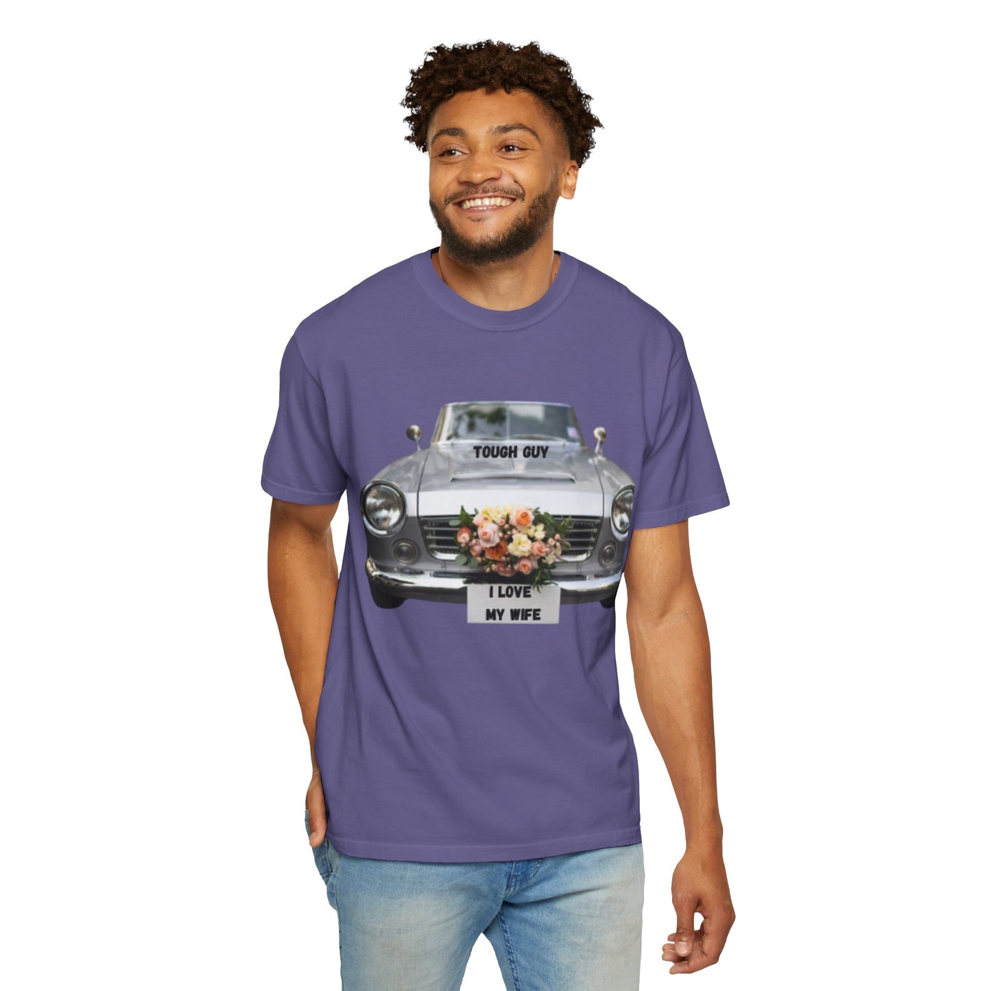 Men's T-Shirt Tough Guy Car with I Love My Wife Flowers Design