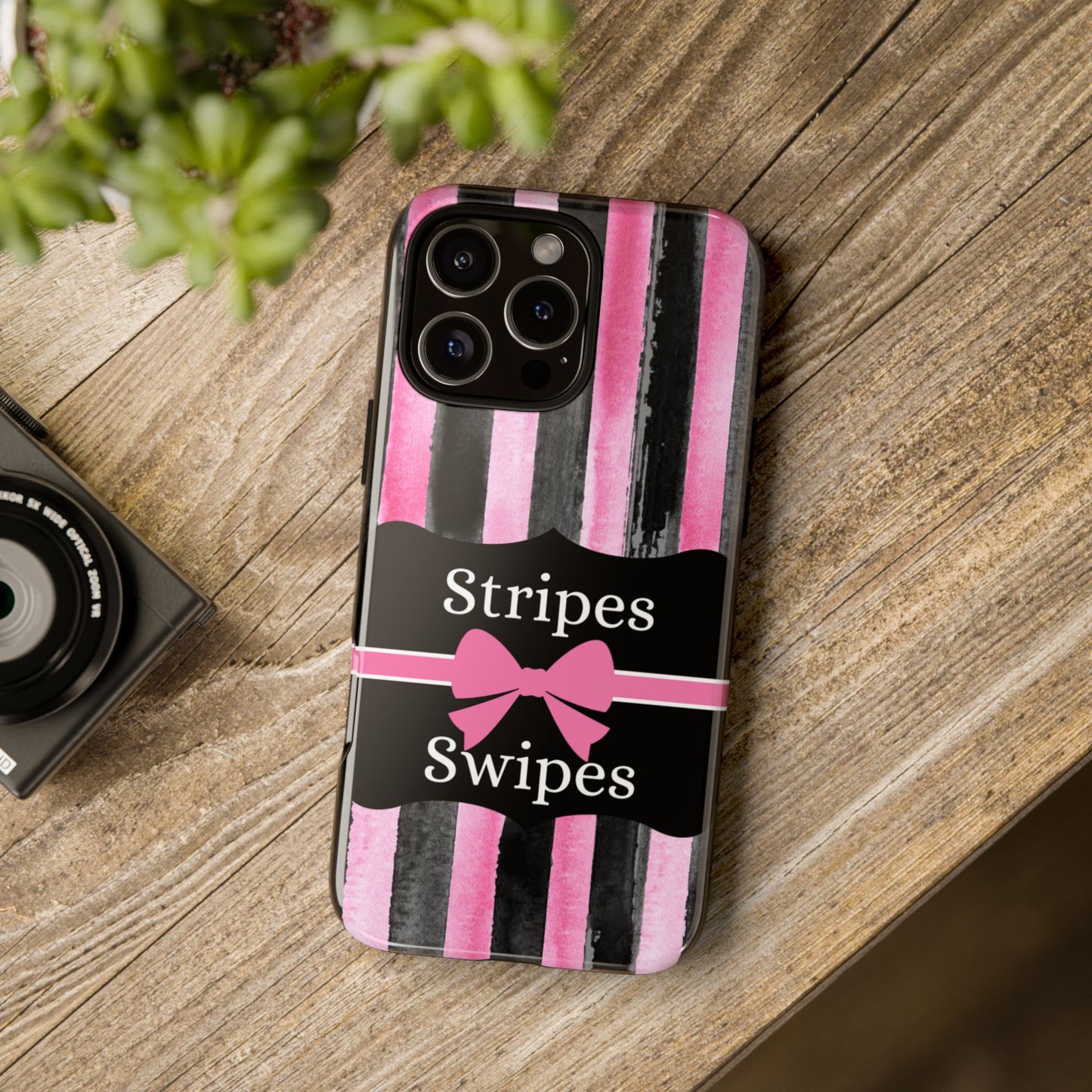 Phone Case iPhone 16/15/14 - Black/Pink Stripes & Swipes Tough Case