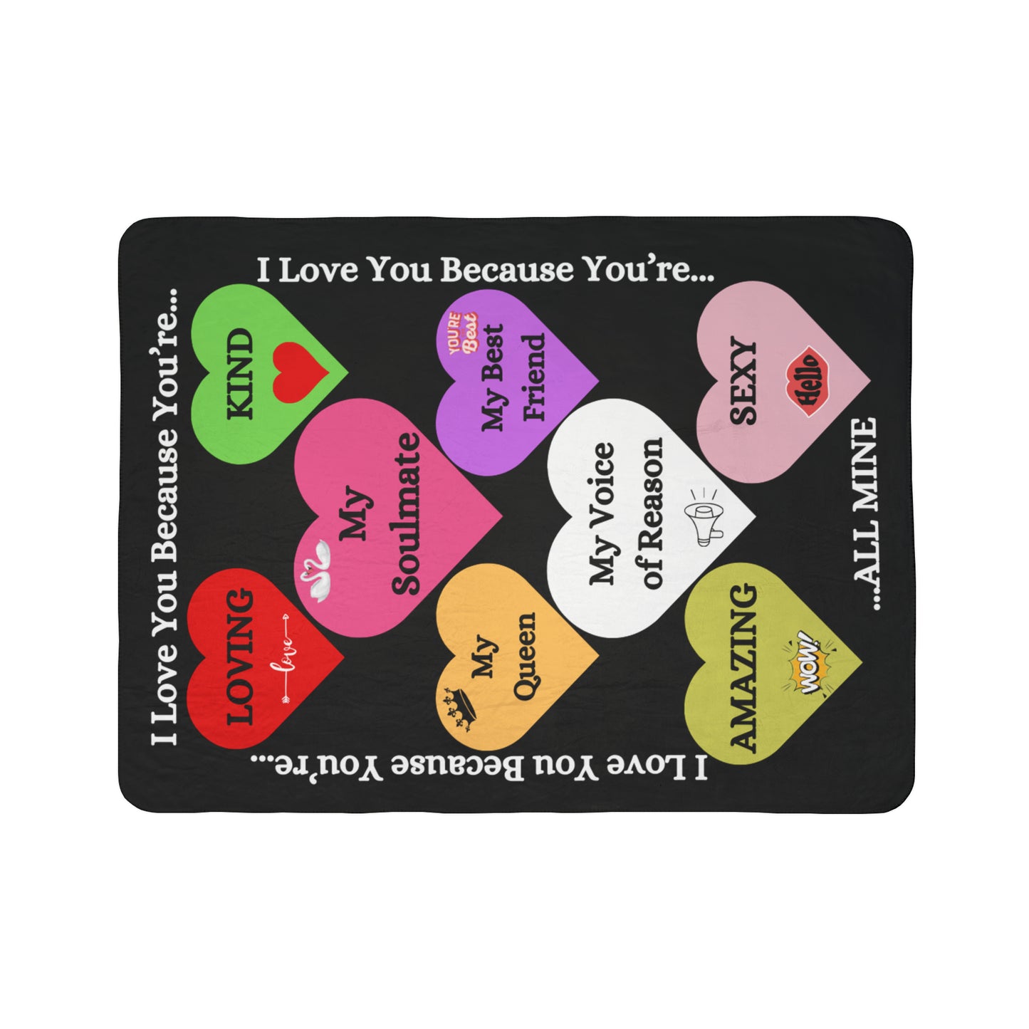 I Love You Because Fleece Sherpa Blanket of Hearts - Black 60x80