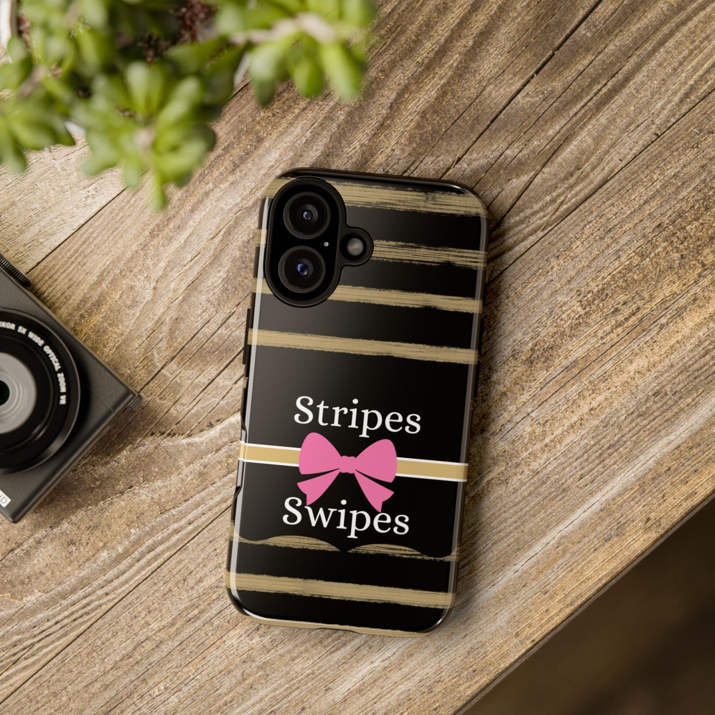 Phone Case iPhone 16/15/14 - Black/Beige Stripes & Swipes Tough Case