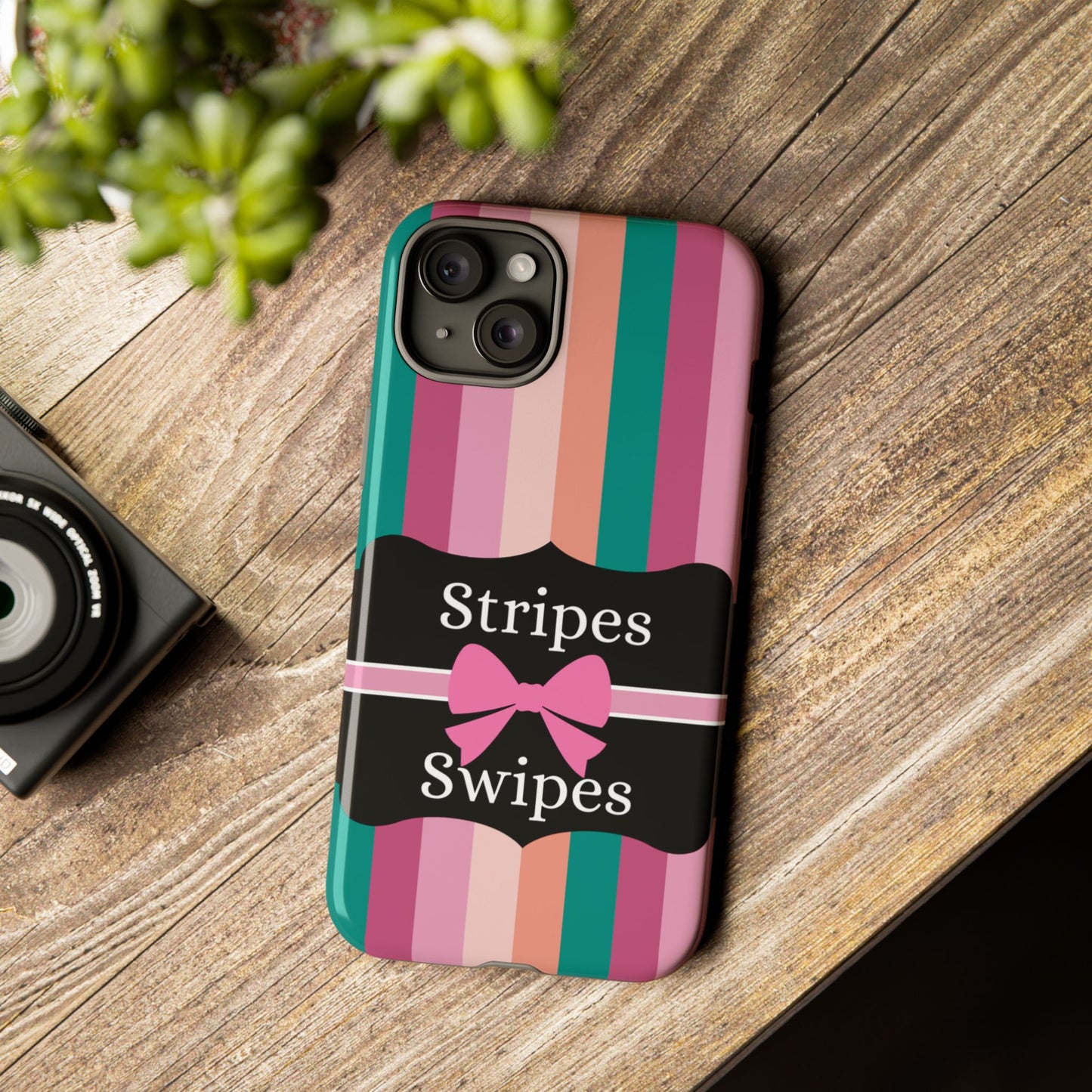 Phone Case iPhone 16/15/14 - Green/Pink/Peach Stripes & Swipes Tough Case