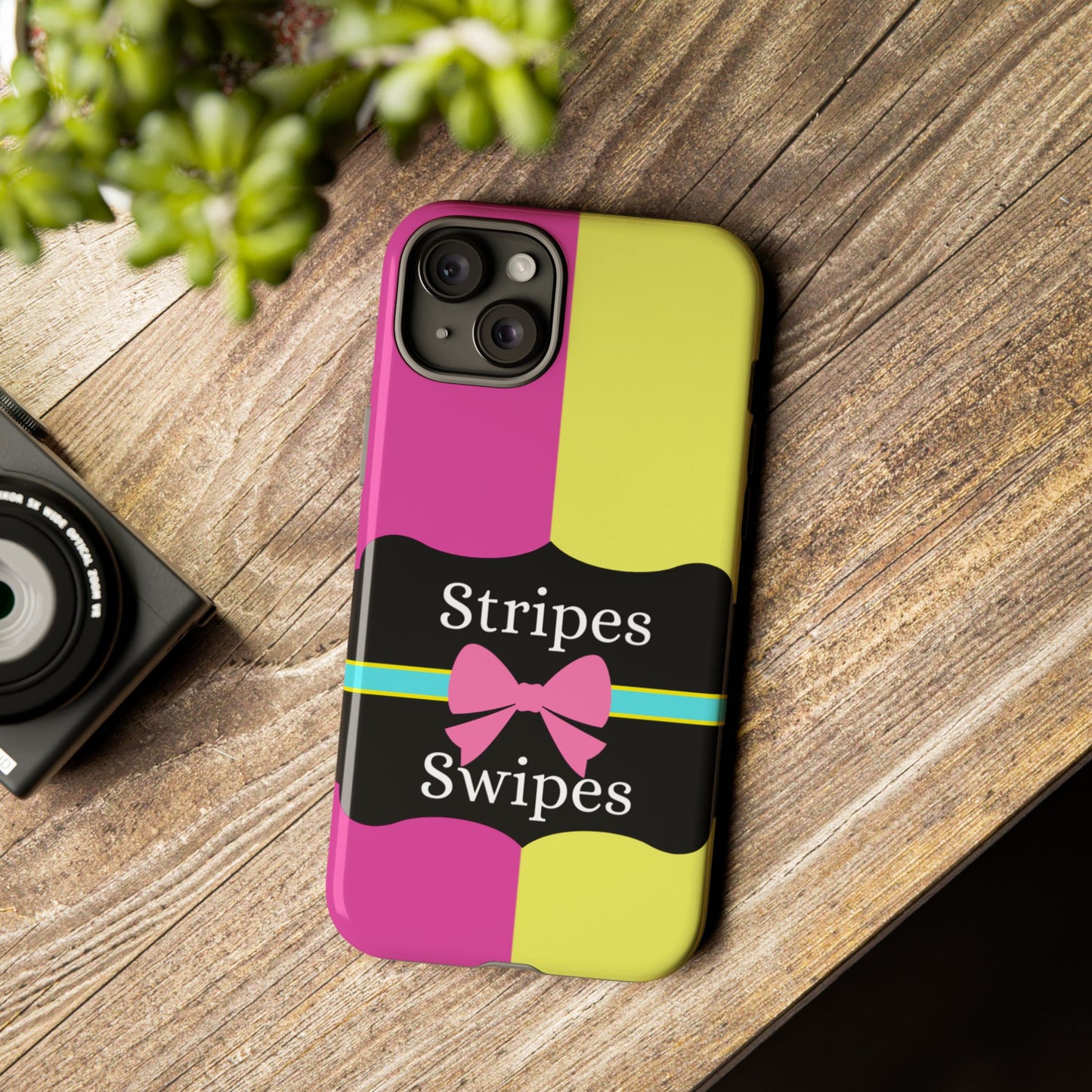 Phone Case iPhone 16/15/14 - Pink/Yellow Stripes & Swipes Tough Case