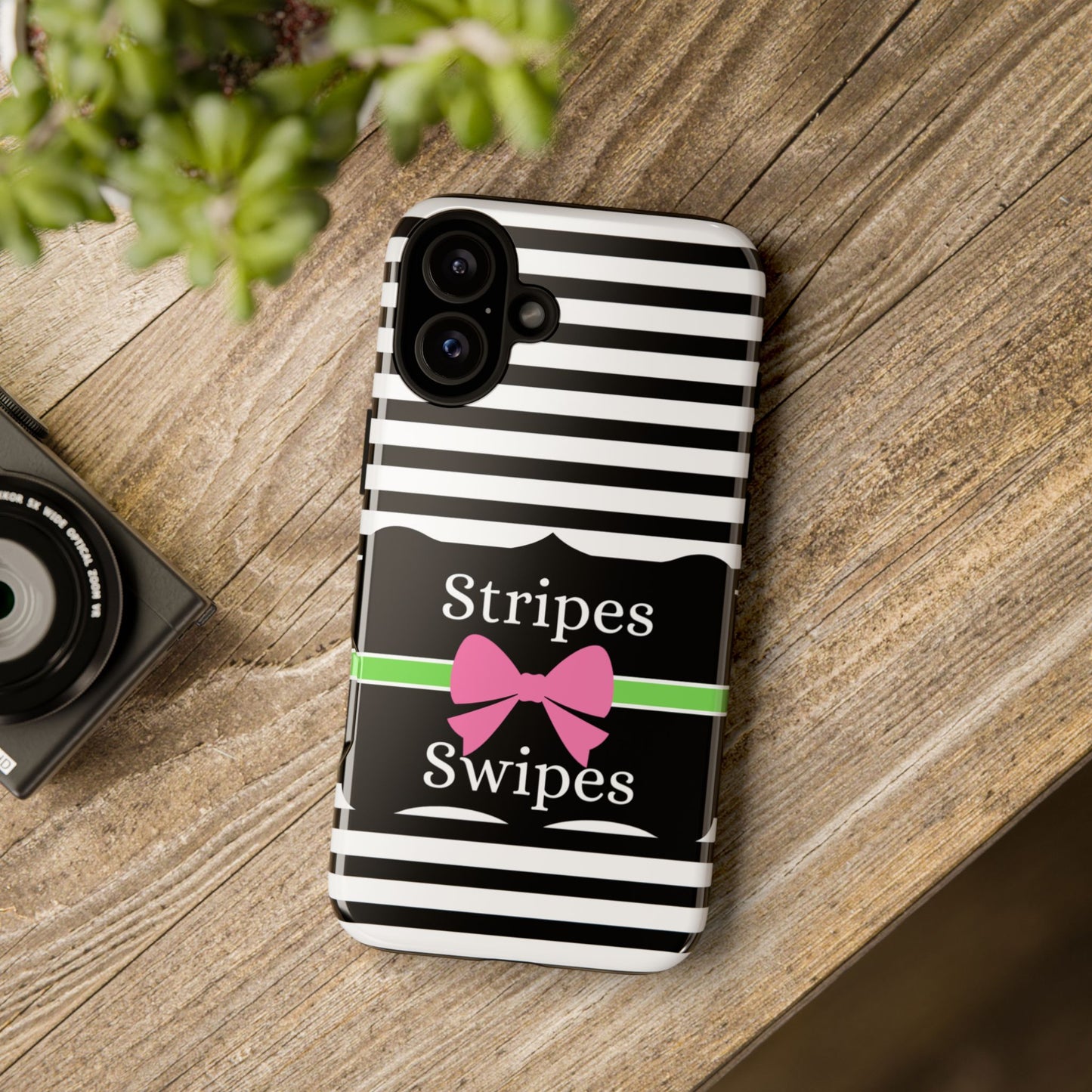 Phone Case iPhone 16/15/14 - Black/White/Green Stripes & Swipes Tough Case