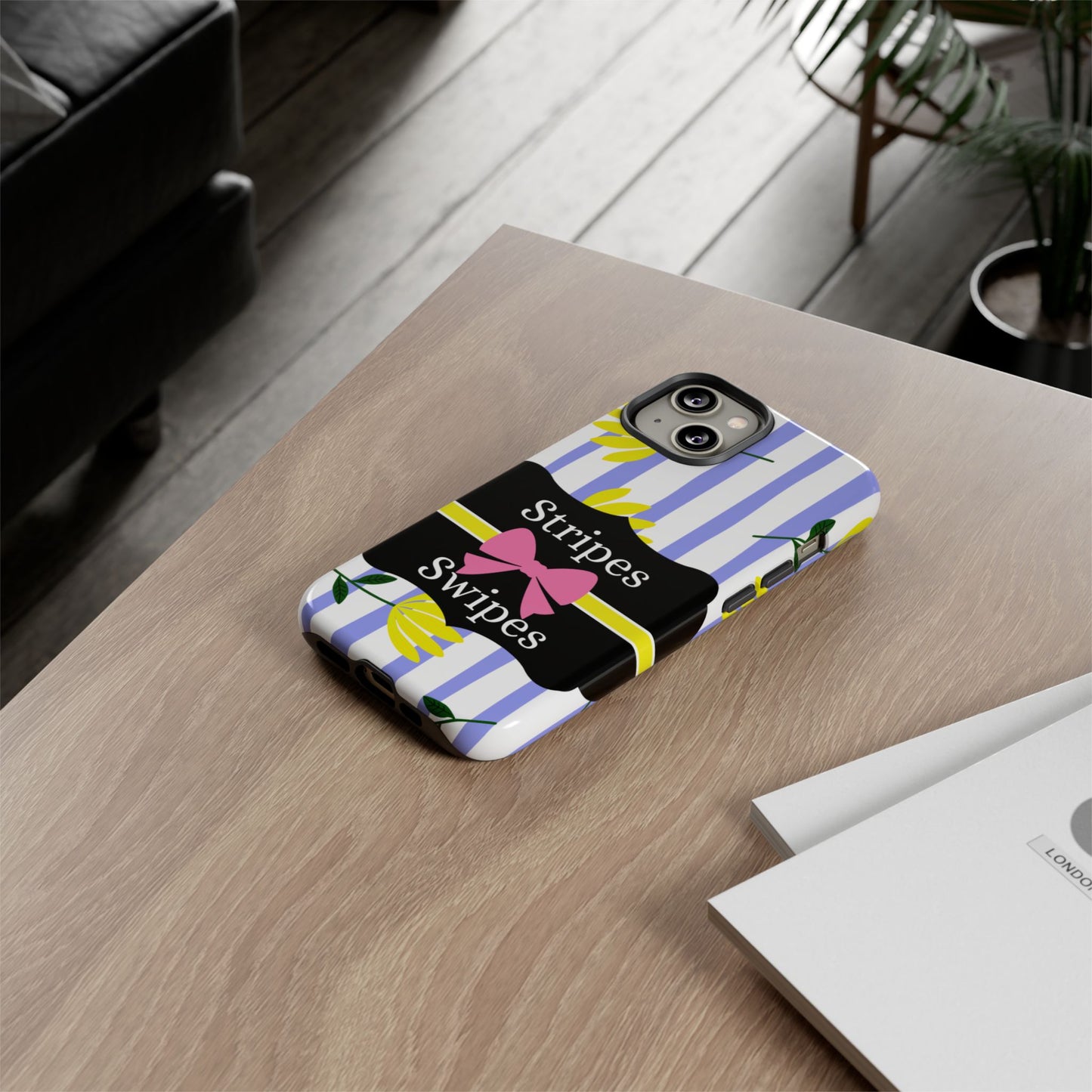 Phone Case iPhone 16/15/14 - Blue/White Yellow Stripes & Swipes Tough Case