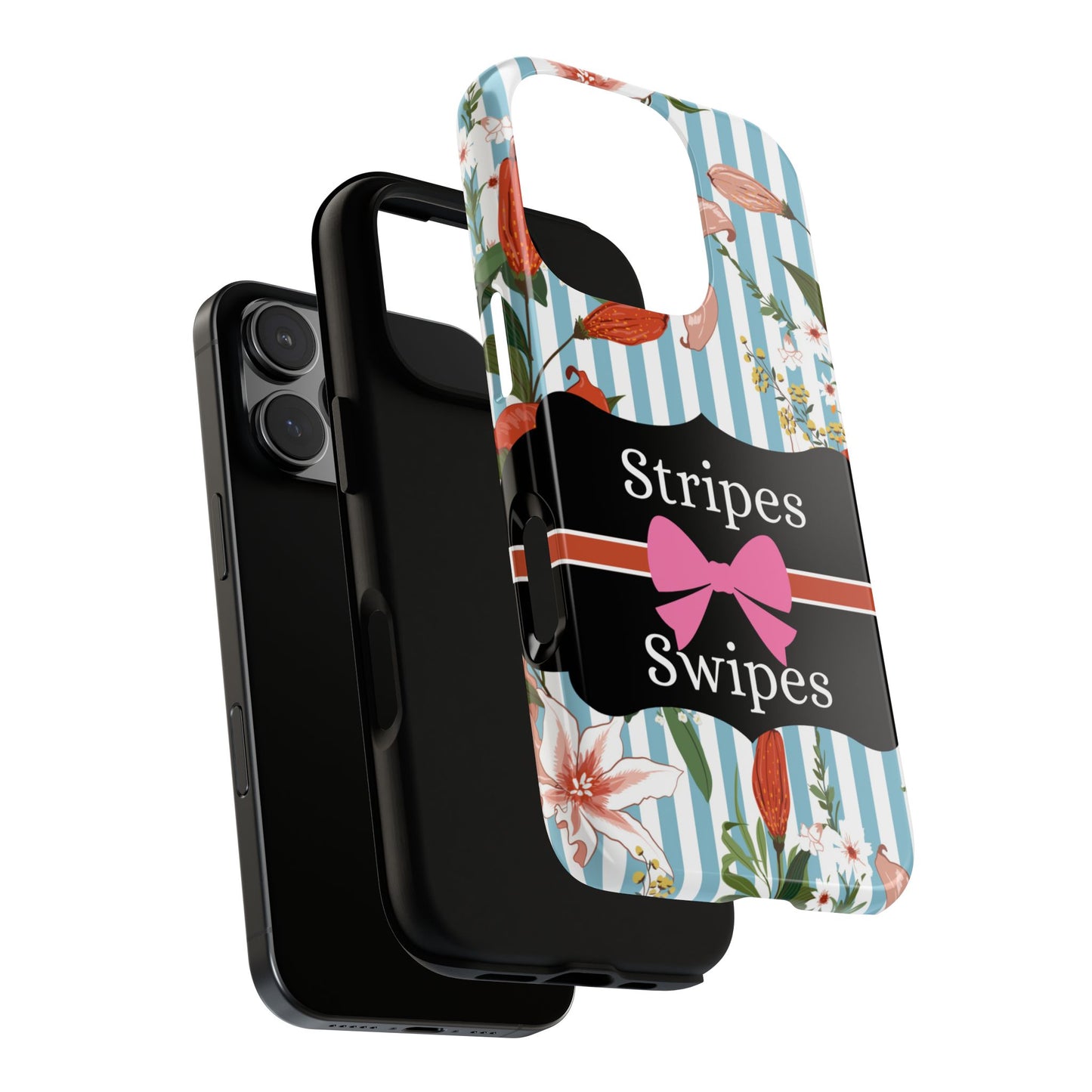 Phone Case iPhone 16/15/14 - Blue/White Flowers Stripes & Swipes Tough Case