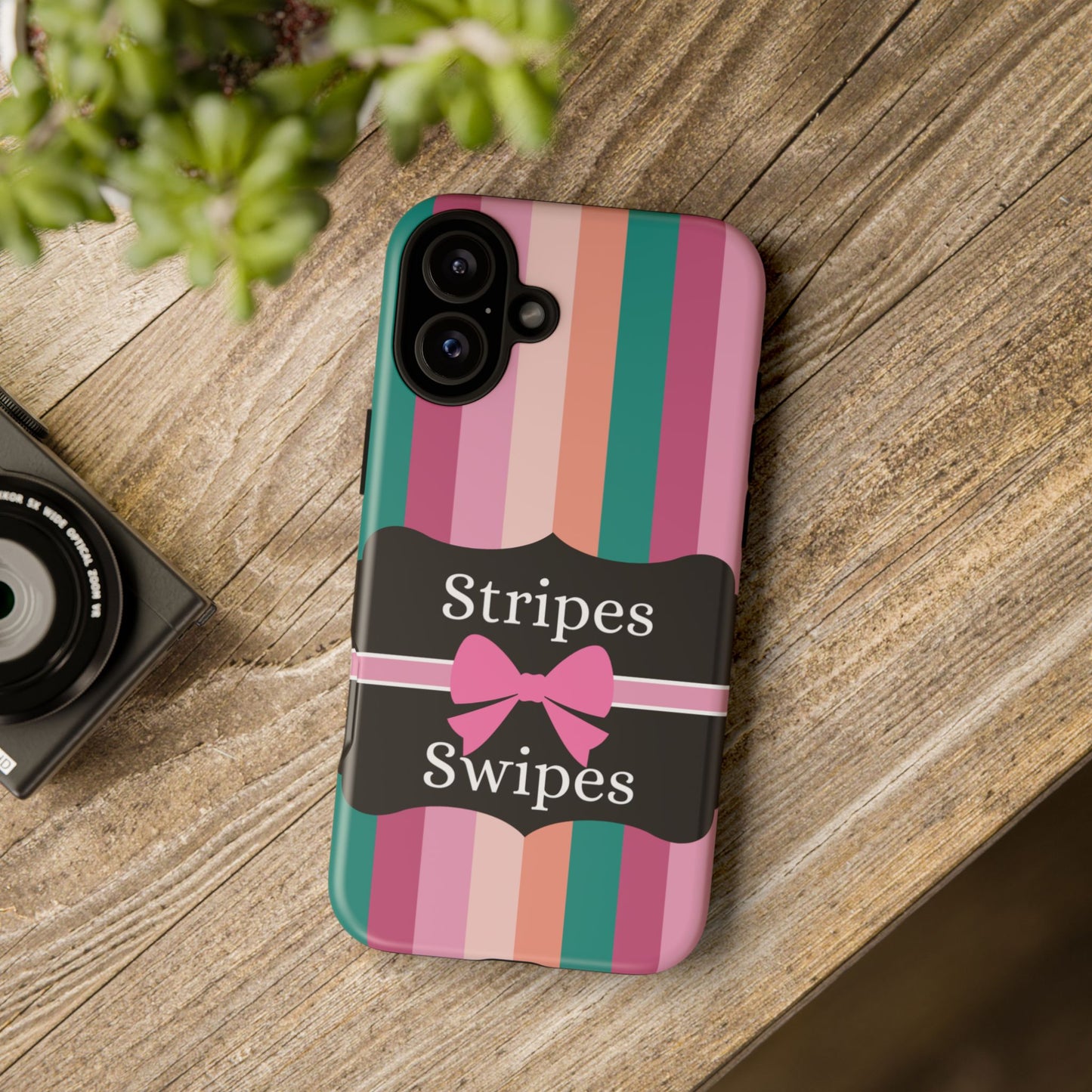 Phone Case iPhone 16/15/14 - Green/Pink/Peach Stripes & Swipes Tough Case