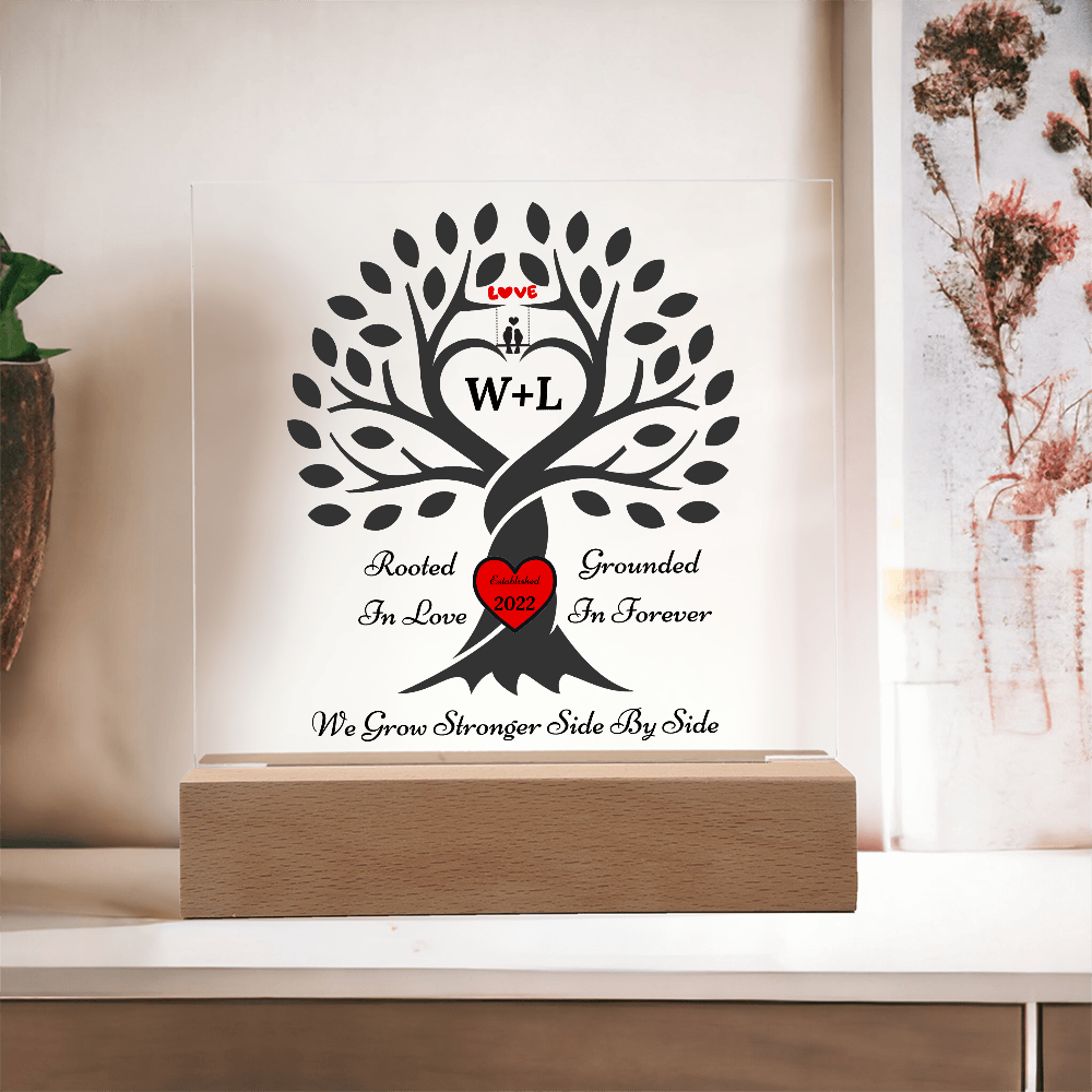 Personalized Love Birds “Rooted in Love” Tree Couple Night Light – Custom Initials & Year on Wood-Base Acrylic Lamp