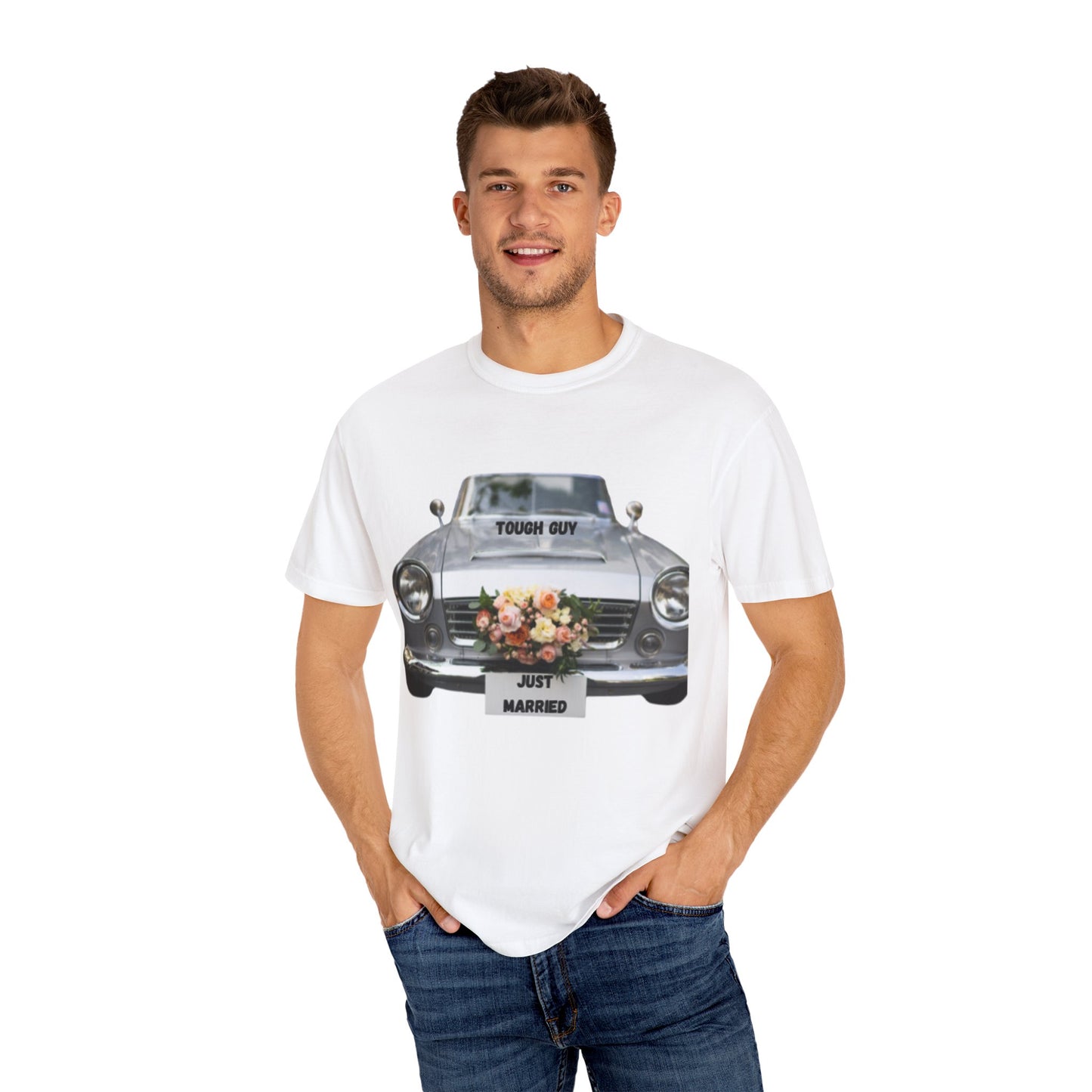 Men's T-Shirt Tough Guy Car with Just Married Flowers Design