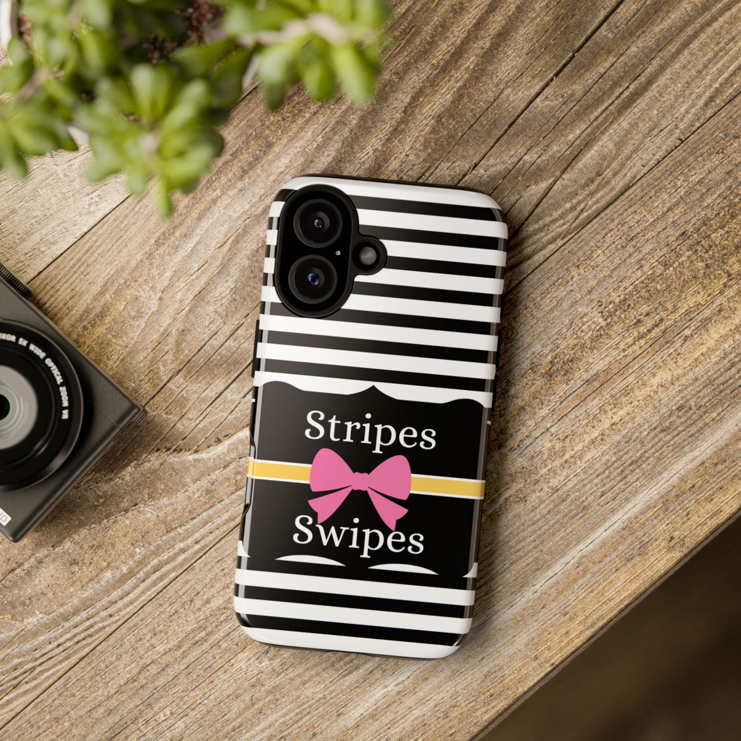 Phone Case iPhone 16/15/14 - Black/White/Yellow Stripes & Swipes Tough Case