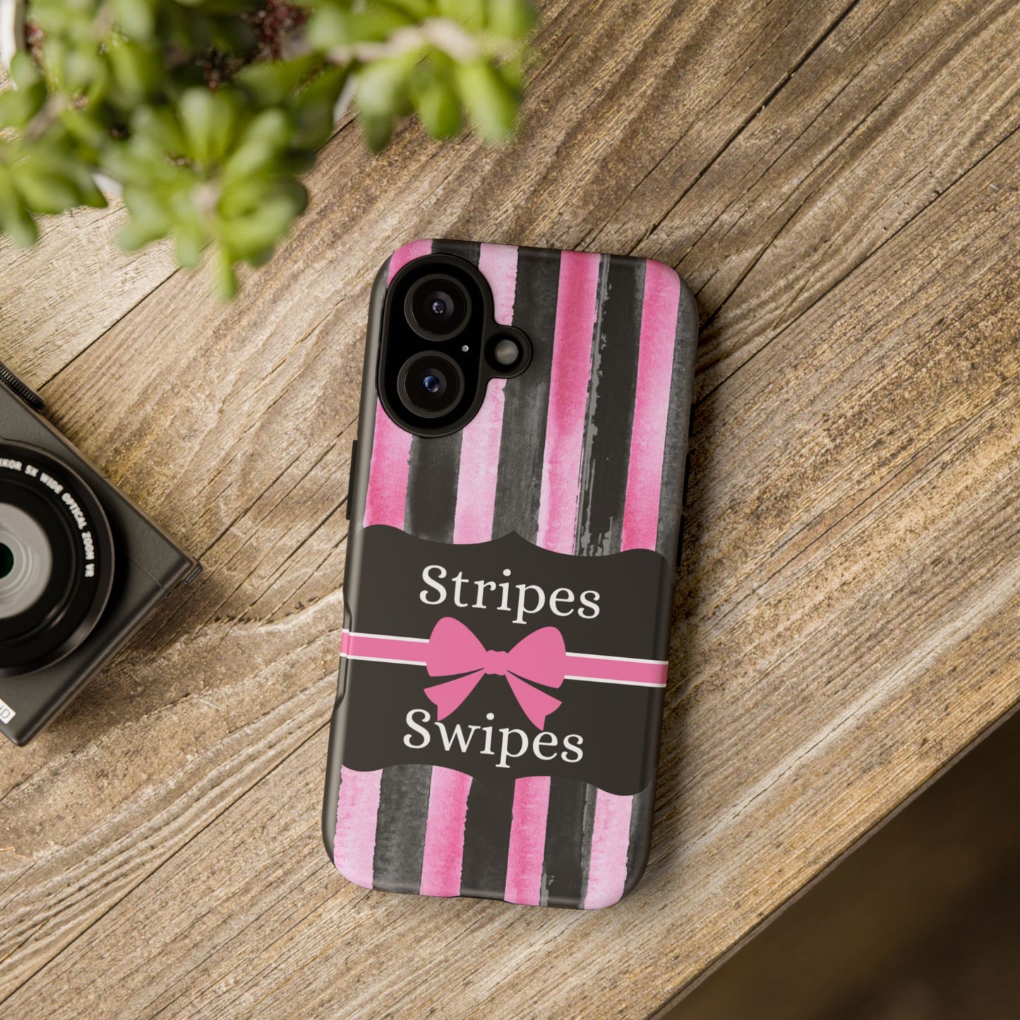 Phone Case iPhone 16/15/14 - Black/Pink Stripes & Swipes Tough Case