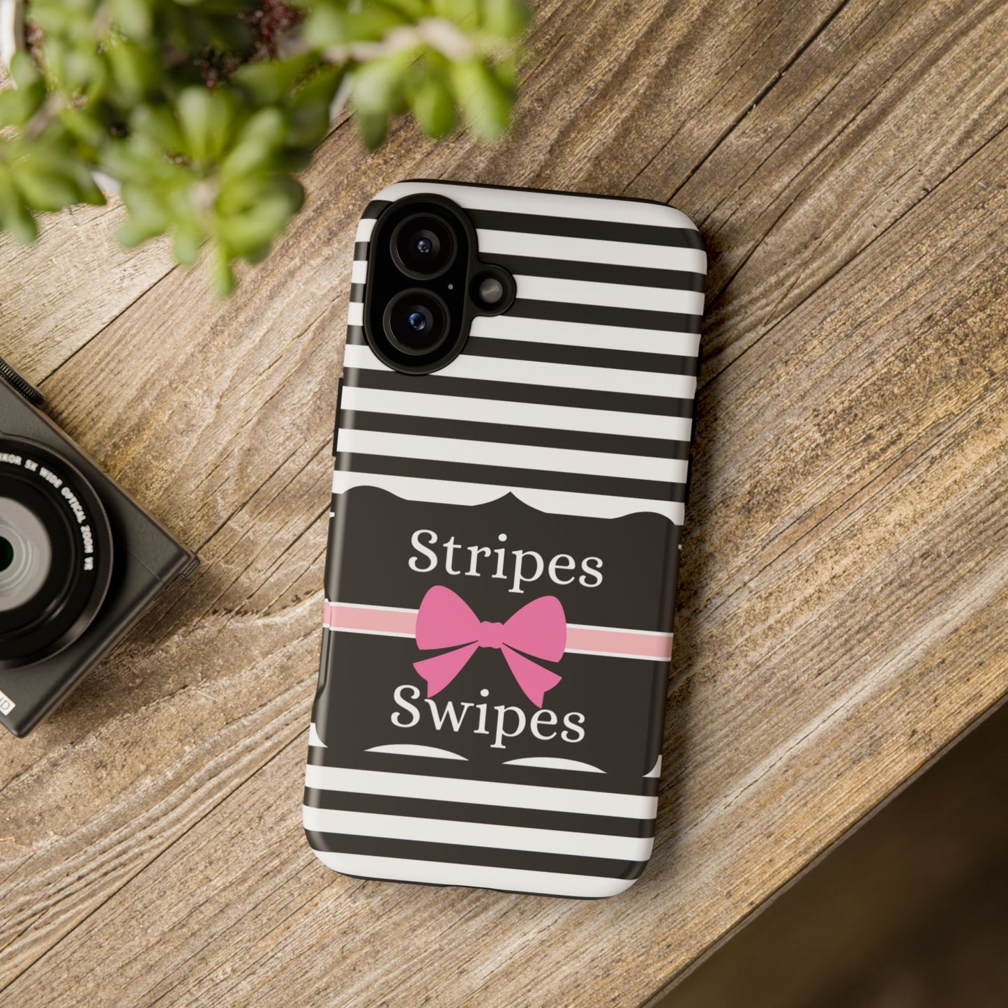 Phone Case iPhone 16/15/14 - Black/White/Pink Stripes & Swipes Tough Case