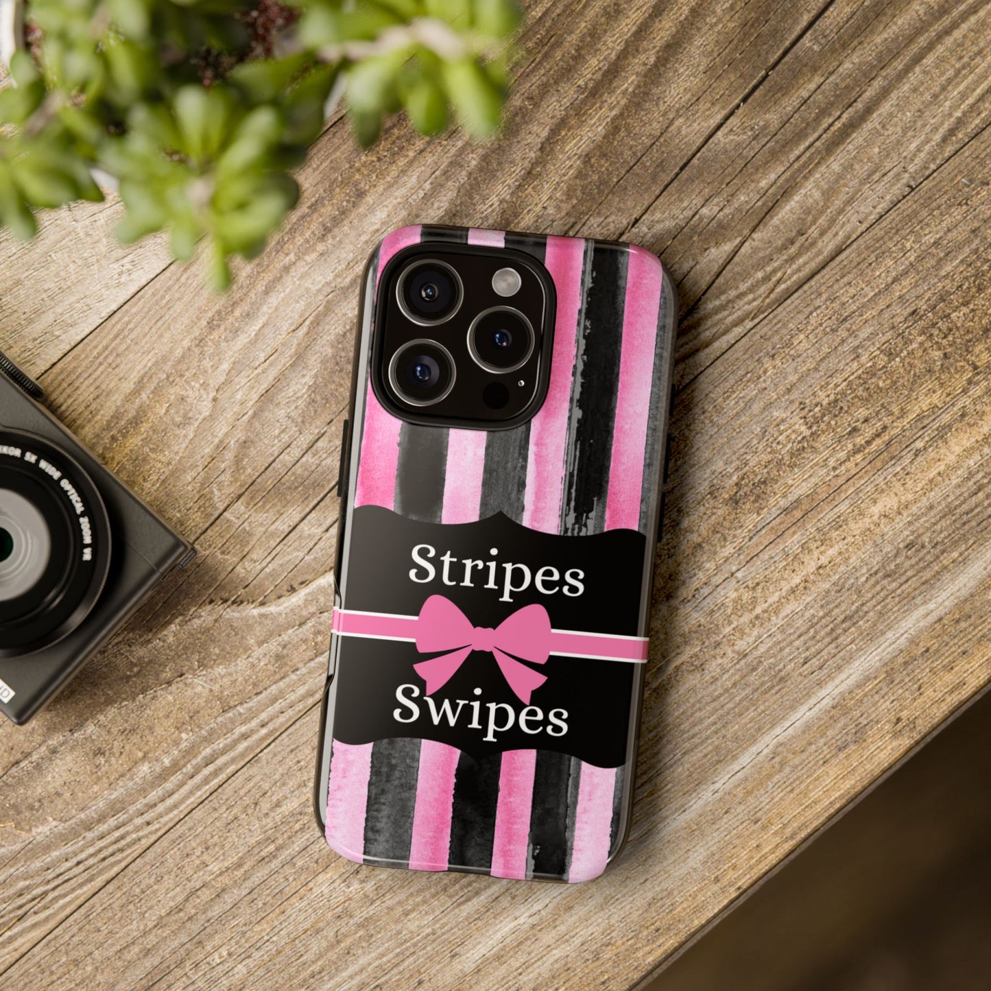 Phone Case iPhone 16/15/14 - Black/Pink Stripes & Swipes Tough Case