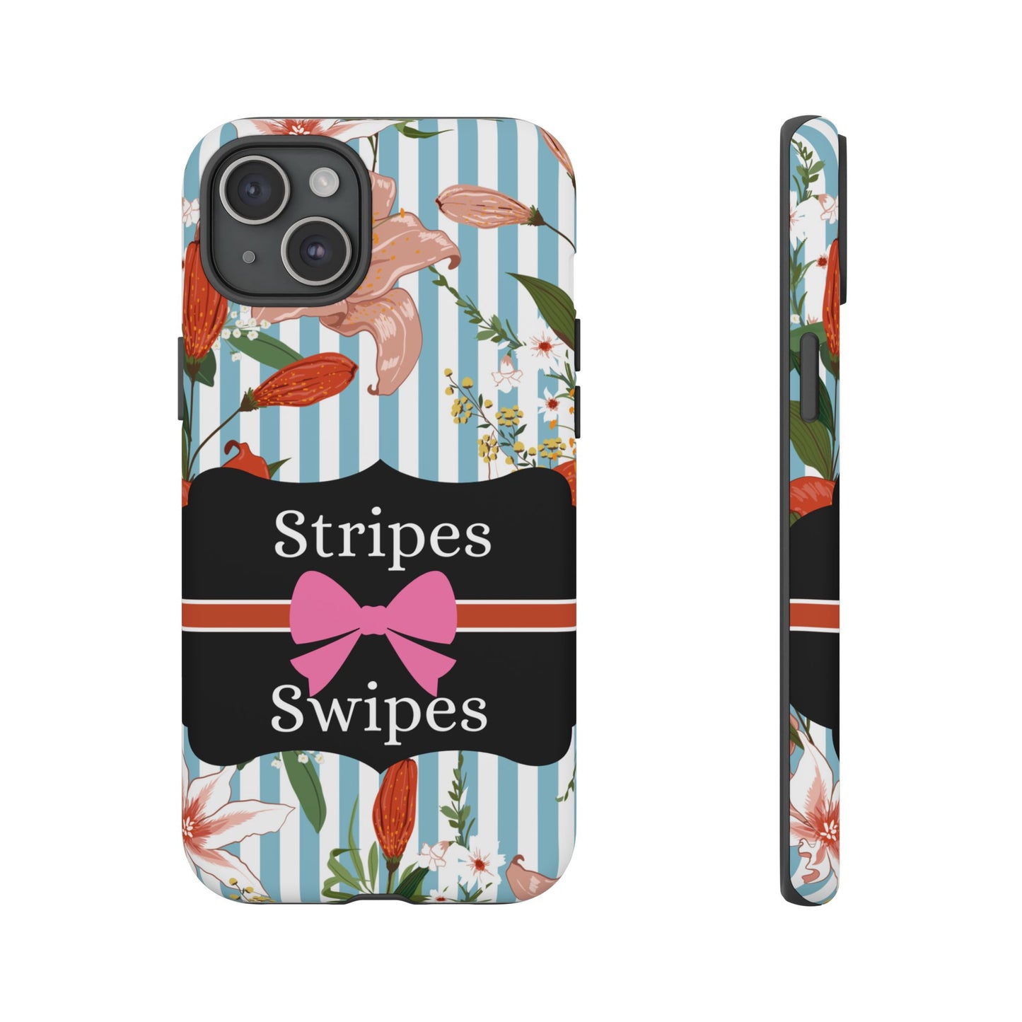 Phone Case iPhone 16/15/14 - Blue/White Flowers Stripes & Swipes Tough Case